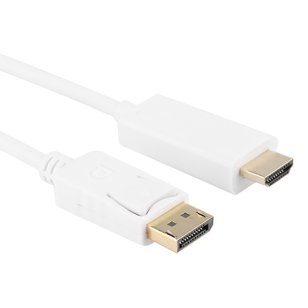 Weißes DisplayPort-Kabel mit einem goldenen Stecker an einem Ende und einem weißen am anderen.
