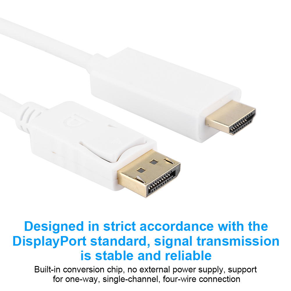 Ein weißes DisplayPort-zu-HDMI-Kabel mit Anschlüssen an beiden Enden.