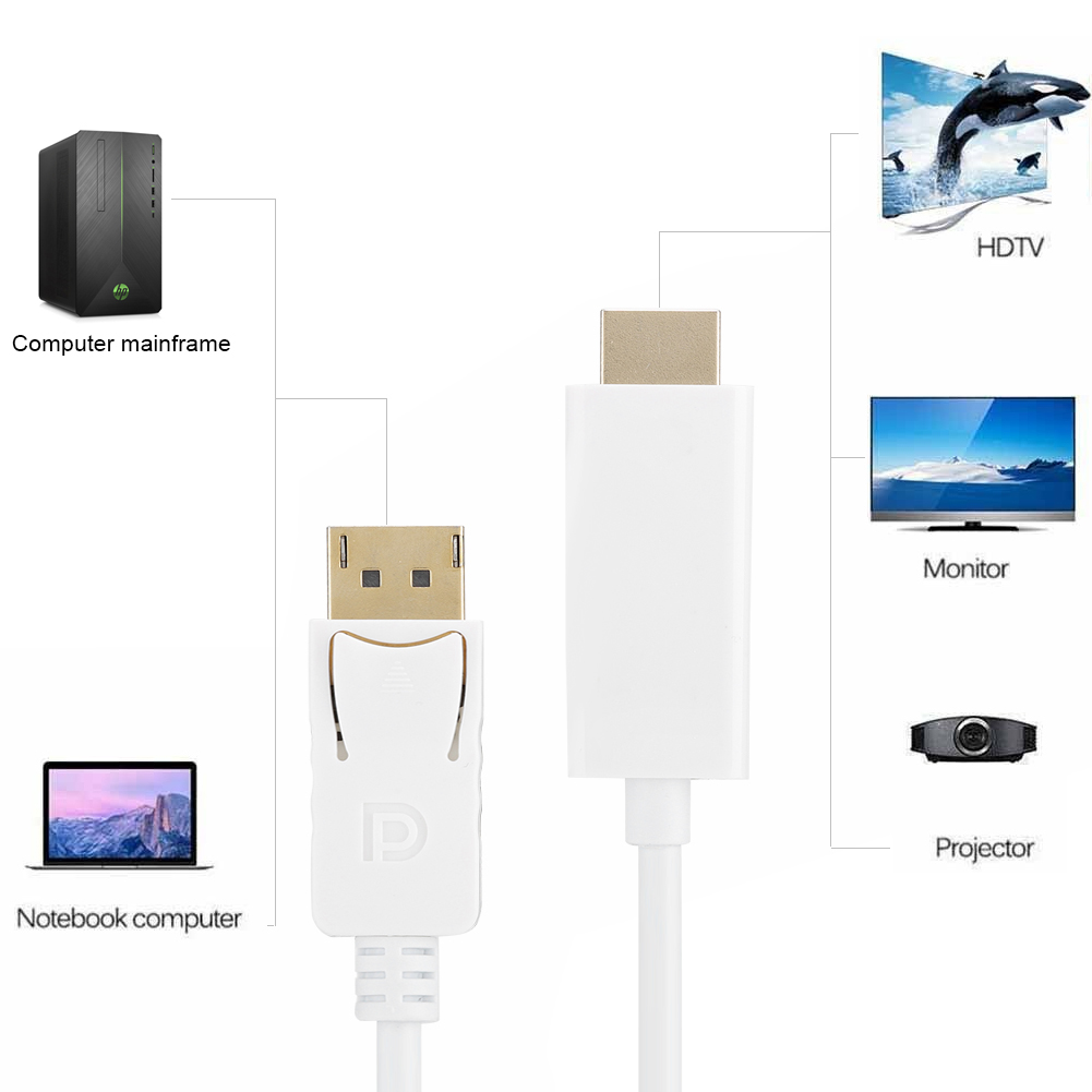 Weißes Kabel mit Anschlüssen für DisplayPort und HDMI, verbunden mit einem Computer, Laptop, Monitor, HDTV und Projektor.