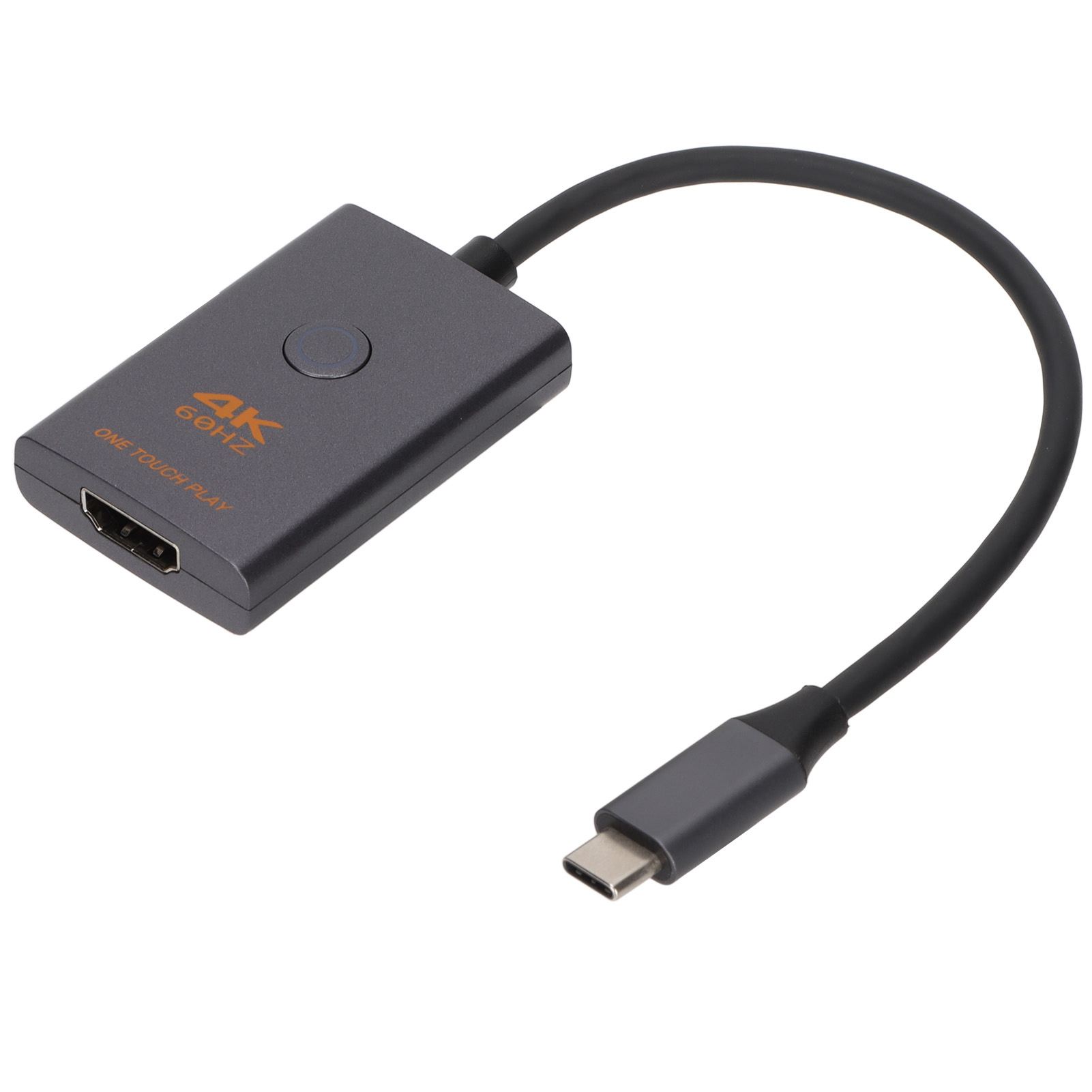 Grauer Typ-C-zu-HDMI-Adapter. Er hat eine Taste und den Text '4K 60Hz'. Rechts befindet sich ein Typ-C-Anschluss.