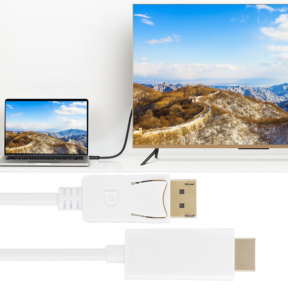 Laptop und Fernseher sind durch ein weißes Kabel verbunden. Szenische Bergansicht auf beiden Bildschirmen. DisplayPort und HDMI-Anschlüsse sind sichtbar.
