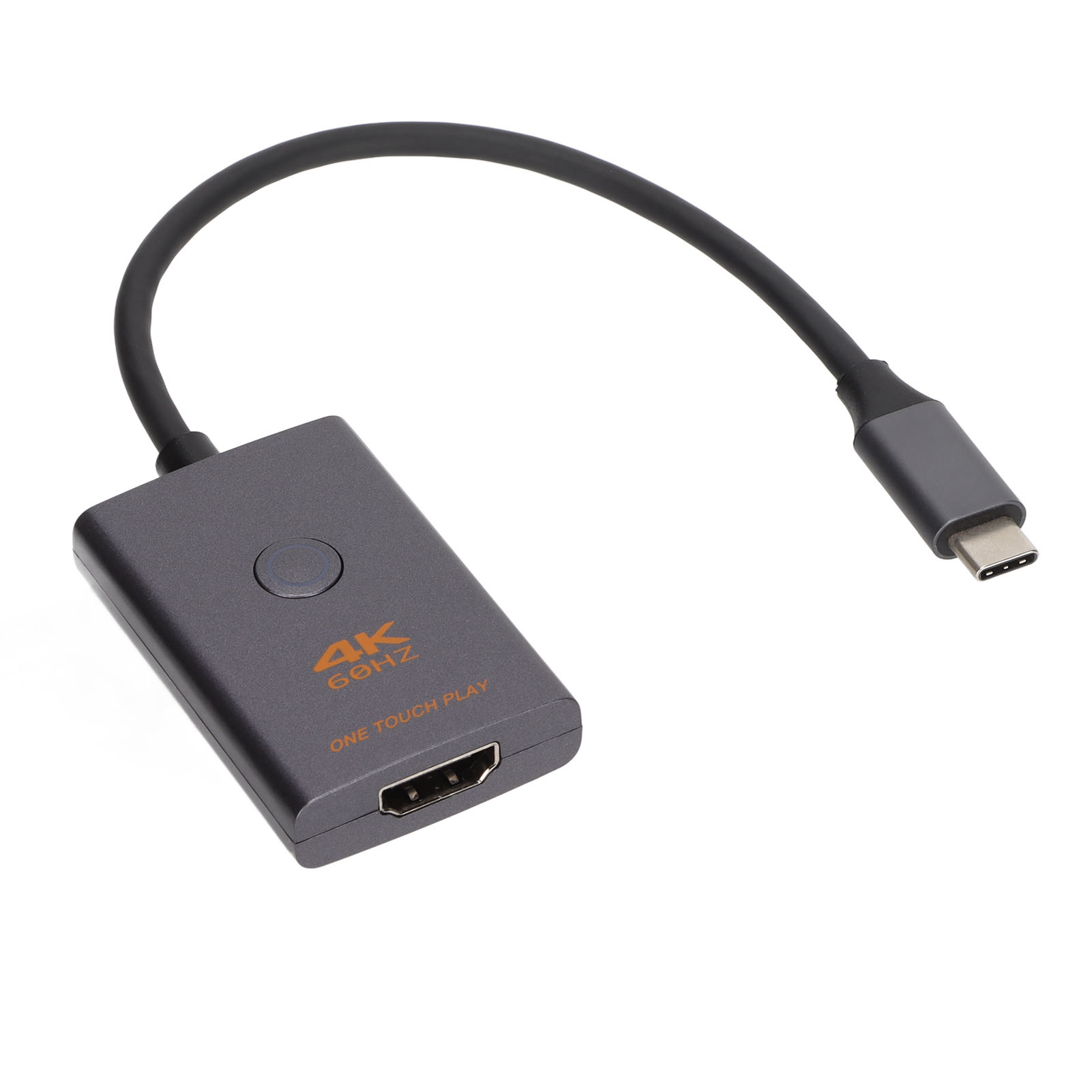 Grauer Typ-C-zu-HDMI-Adapter mit Knopf und dem Text '4K 60Hz' auf der Vorderseite. Schwarzes Kabel mit Typ-C-Anschluss.