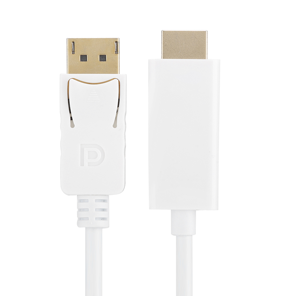 Weißes DisplayPort-Kabel. Ein Ende ist angeschlossen und das andere ist getrennt, auf weißem Hintergrund.