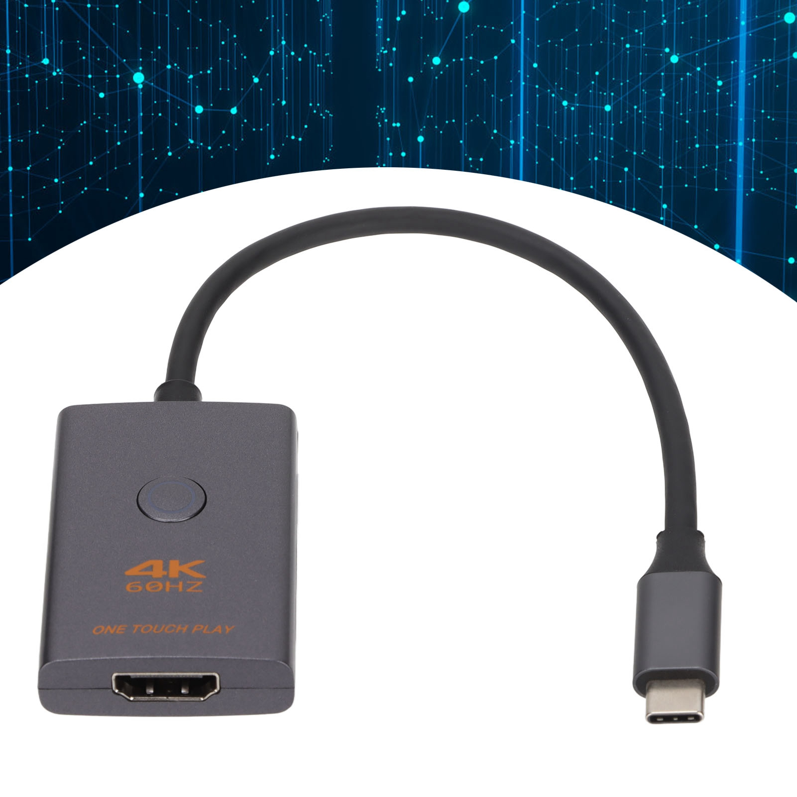 Grauer Typ-C-zu-HDMI-Adapter mit Knopf und dem Text '4K 60Hz'. Schwarzes Kabel mit Typ-C-Anschluss auf blauem Hintergrund.