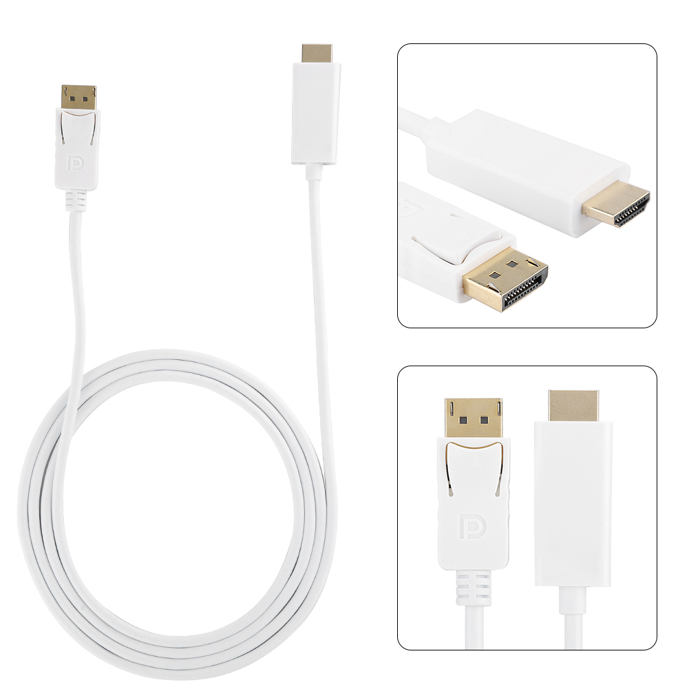 Weißes DisplayPort-Kabel mit mehreren Ansichten. Es hat einen goldfarbenen Stecker an einem Ende.