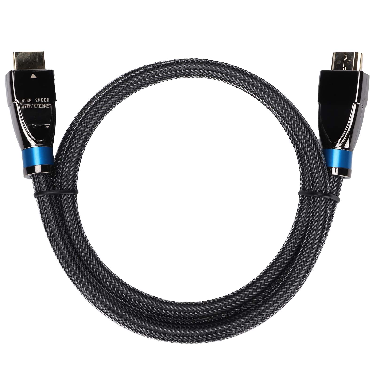 Schwarzes HDMI-Kabel mit blauen Akzenten. Das Kabel ist geflochten und hat Anschlüsse an beiden Enden.