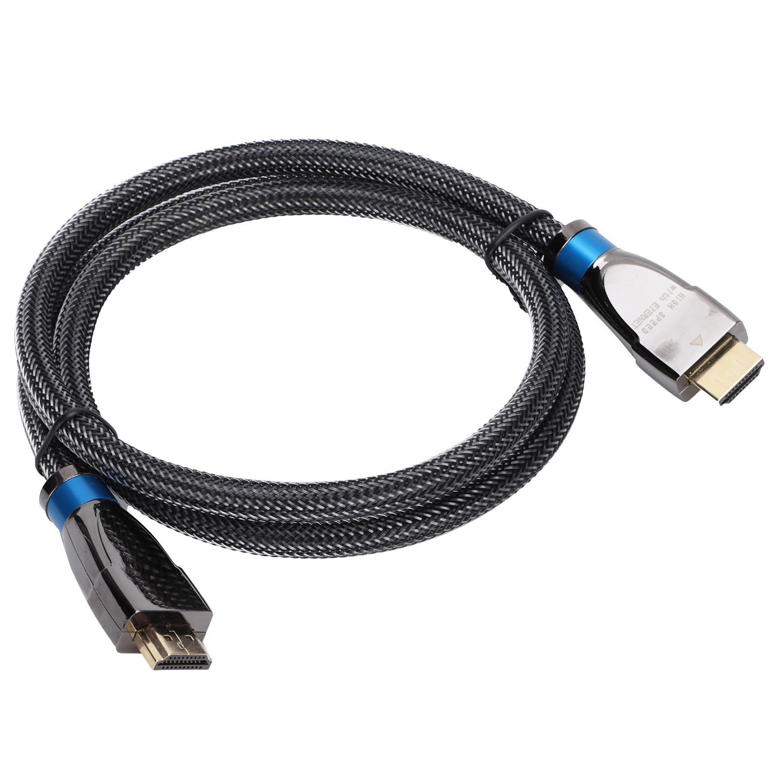 Schwarzes HDMI-Kabel mit blauen Akzenten an den Anschlüssen. Das Kabel ist geflochten.