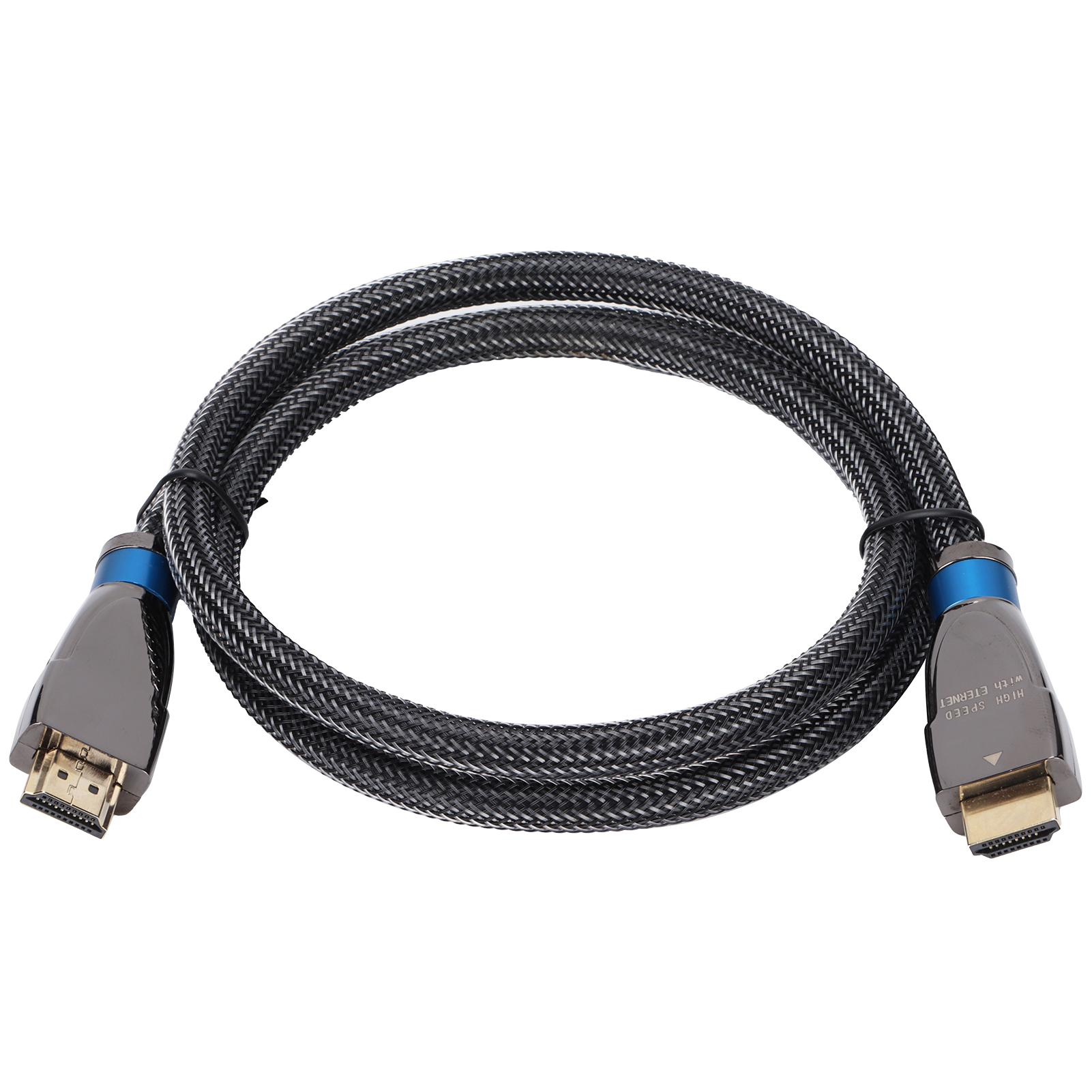Schwarzes HDMI-Kabel mit zwei Anschlüssen und blauen Akzenten. Es ist auf weißem Hintergrund.