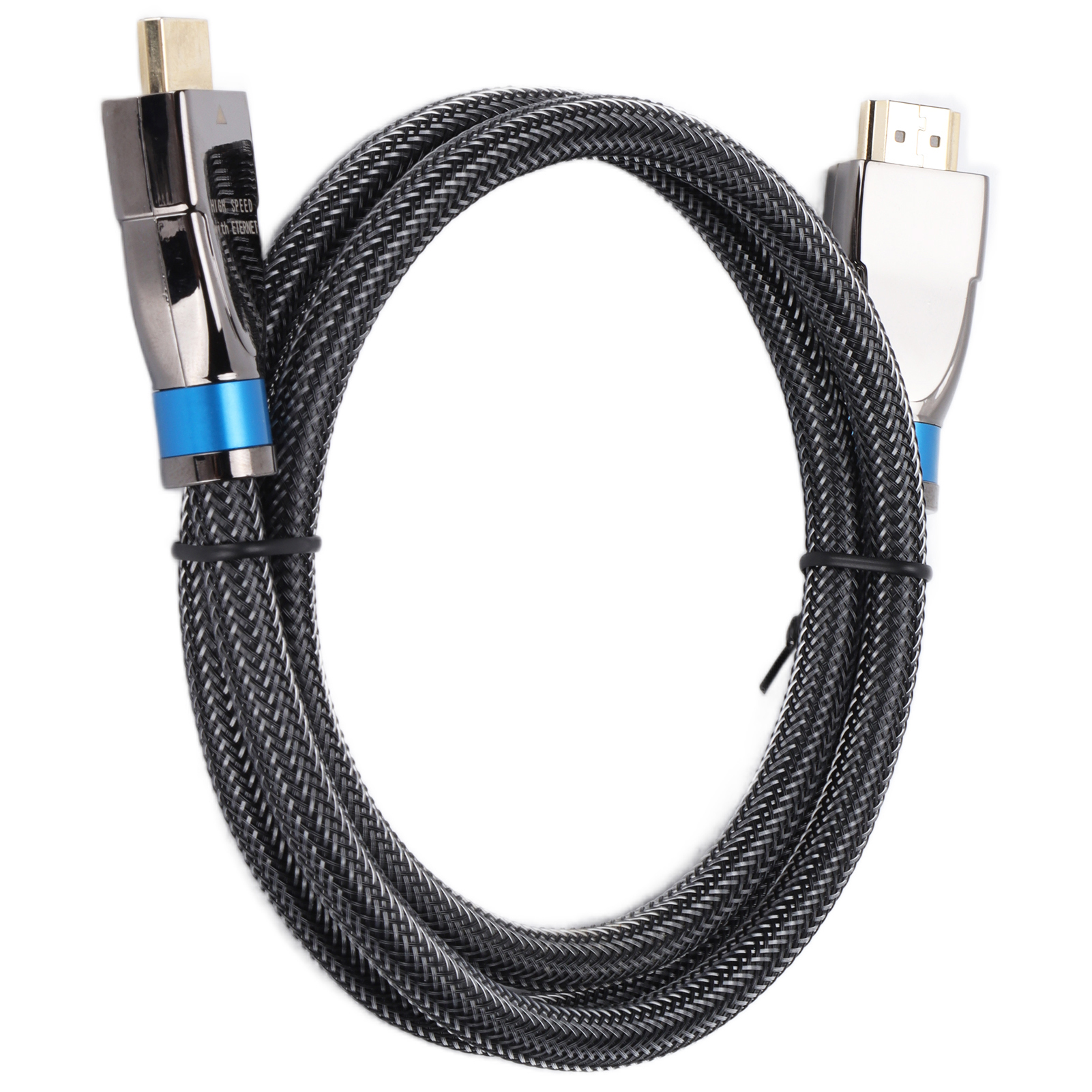 Schwarzes HDMI-Kabel mit blauen Akzenten an den Anschlüssen. Das Kabel ist geflochten.