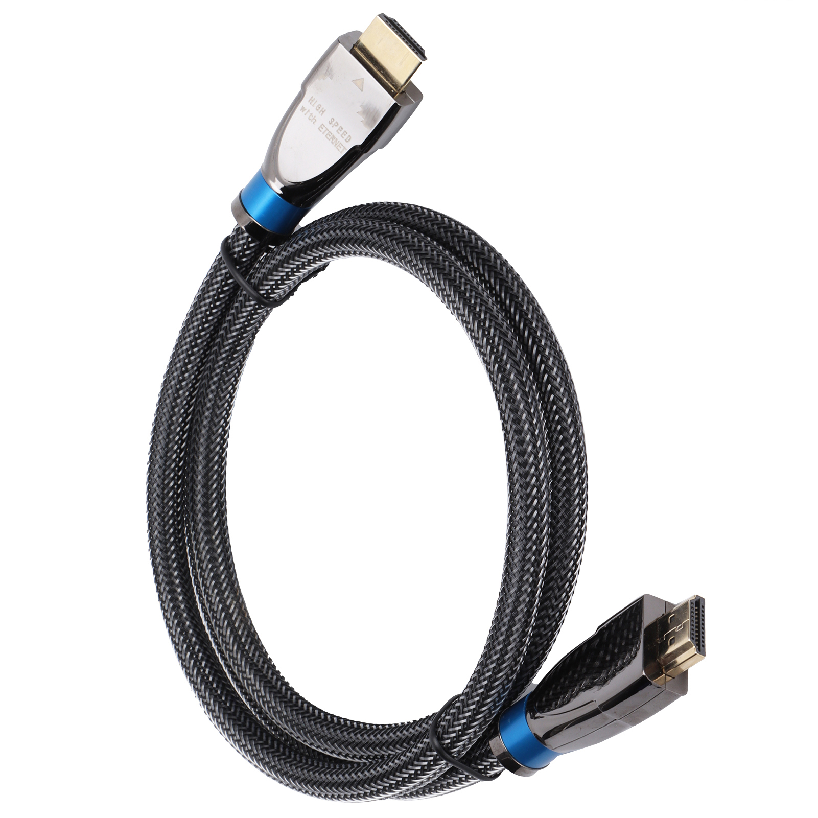 HDMI-Kabel mit Anschlüssen, blauen Akzenten und strukturiertem Gewebe, auf weißem Hintergrund gerollt.