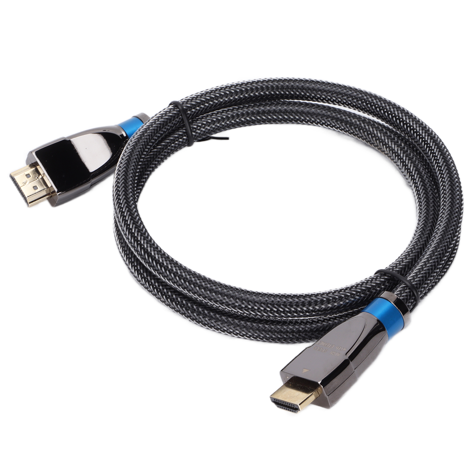Schwarzes HDMI-Kabel mit Anschlüssen, blauen Akzenten und einem strukturierten Gewebe auf weißem Hintergrund.