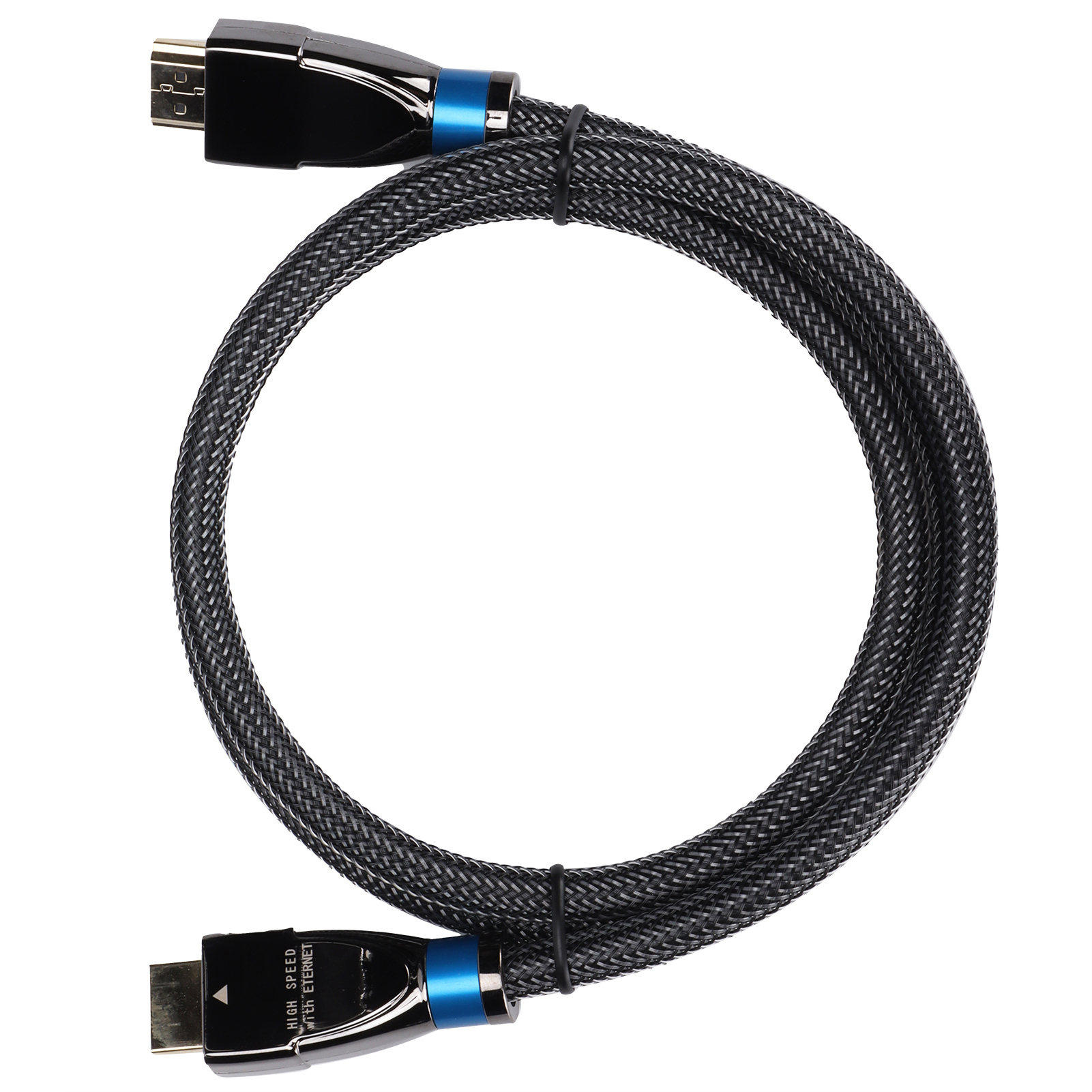 Schwarzes HDMI-Kabel auf weißem Hintergrund. Es hat Anschlüsse und blaue Akzente.