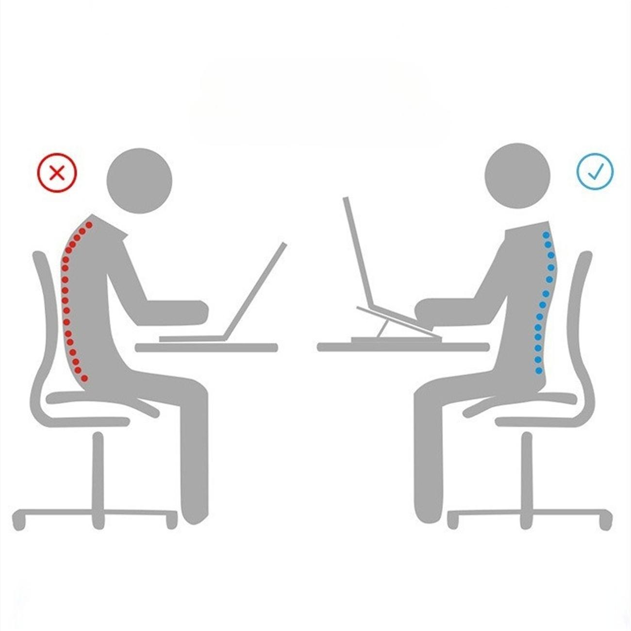 Diagramm, das gute und schlechte Körperhaltung bei der Verwendung eines Laptops zeigt. Graue Figuren und Linien.