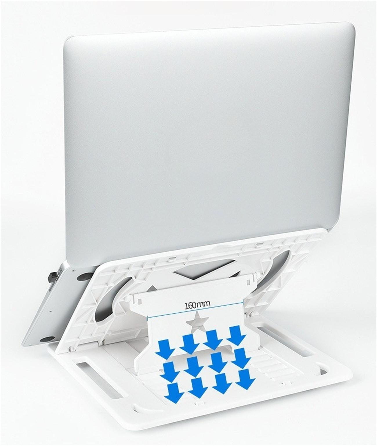 Weißer Laptopständer mit Laptop und Pfeilen, die den Luftstrom anzeigen. Blaue Pfeile.