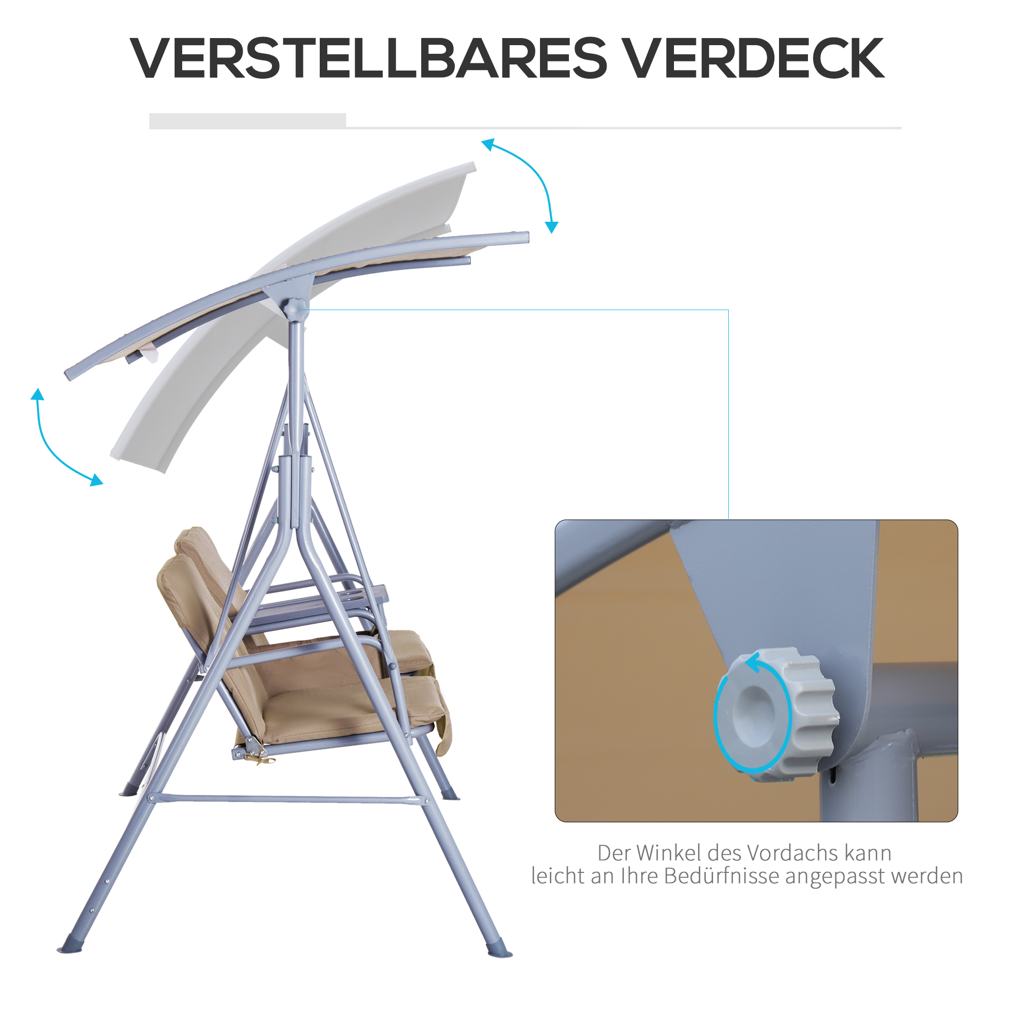 Eine Schaukel mit verstellbarem Verdeck. Pfeile und eine Nahaufnahme zeigen den Verstellmechanismus am Stützrahmen.