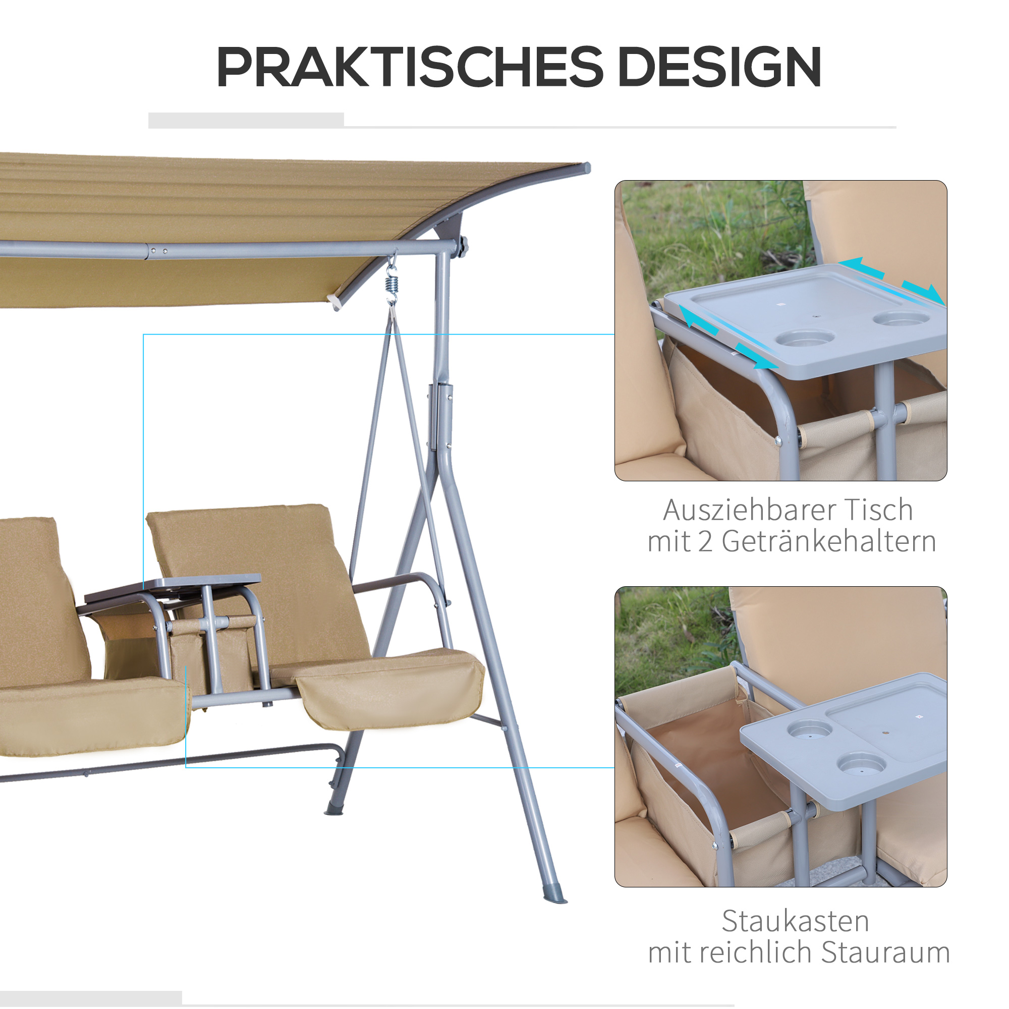 Schaukel mit beigen Sitzen und Baldachin. Enthält einen Tisch mit Getränkehaltern. Detaillierte Ansichten.