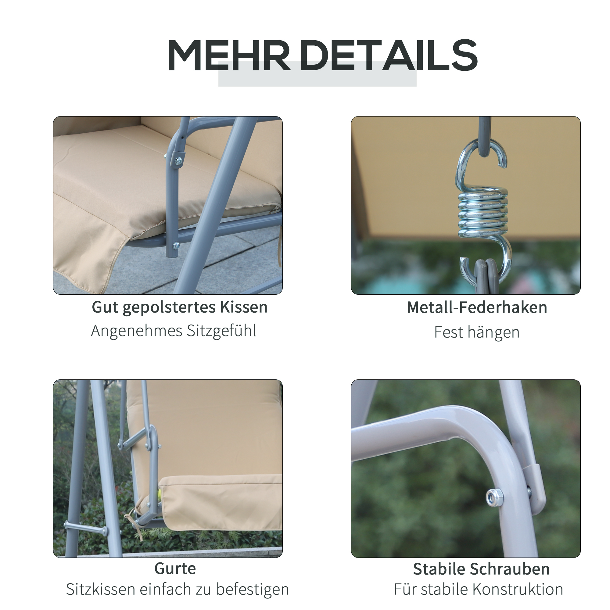 Detailbilder eines Schaukelsitzes, Federhakens und Schrauben, die Sitzpolsterung und strukturelle Verbindungen zeigen.