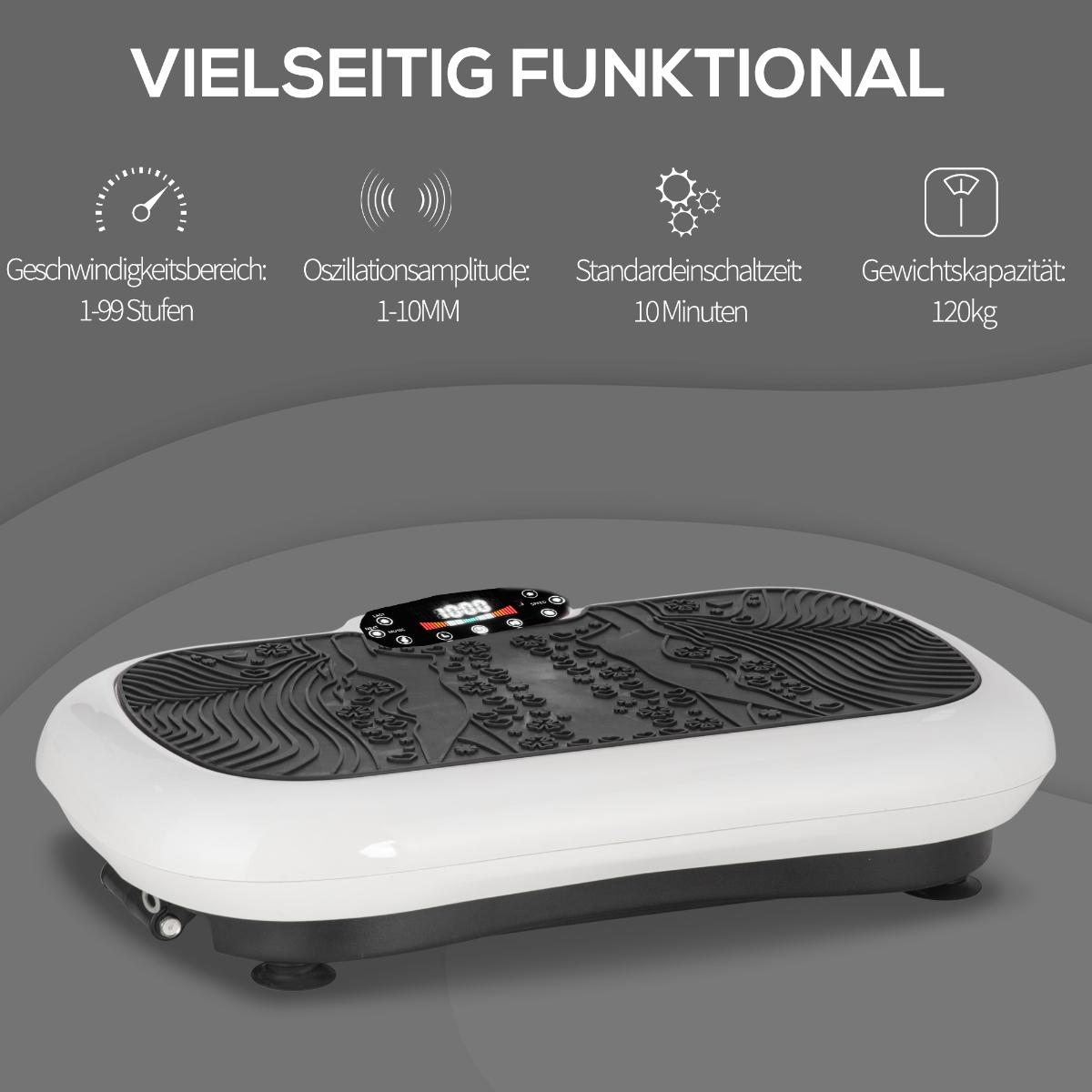 Vibrationsplattform mit weißer Basis und schwarzem Oberteil. Zeigt Geschwindigkeitsstufen und Informationen zur Gewichtskapazität.
