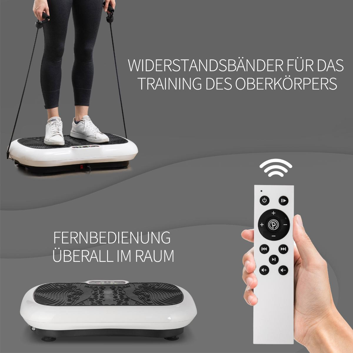 Eine Frau auf einer weißen Vibrationsplattform. Eine Hand hält eine Fernbedienung. Text ist auf Deutsch.