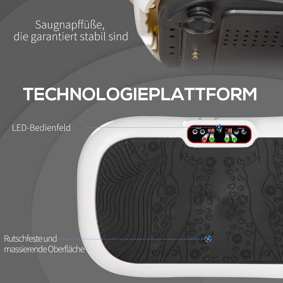 Eine weiße und schwarze Vibrationsplattform mit Bedienfeld und strukturierter, rutschfester Oberfläche.