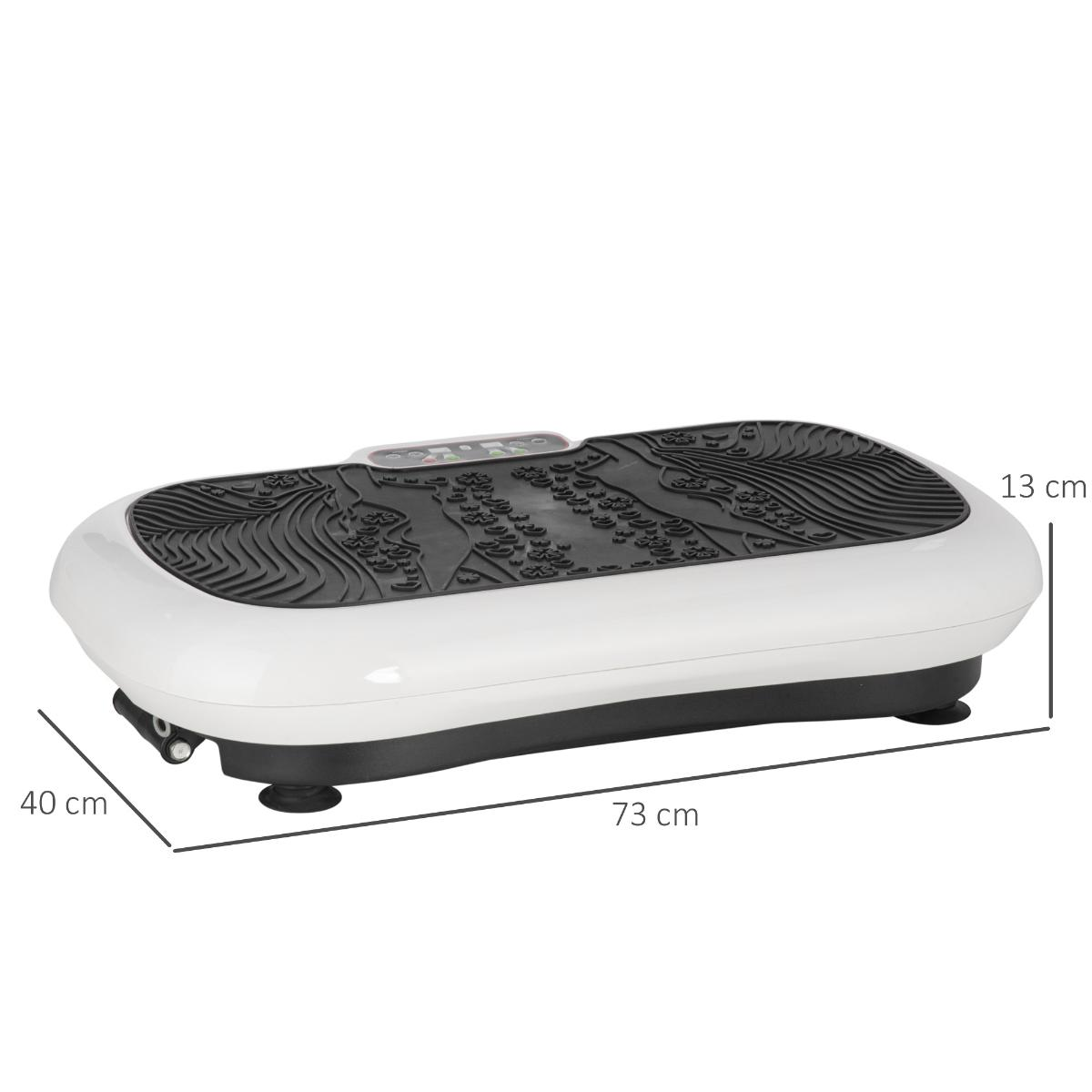 Vibrationsplattform mit Abmessungen. Zeigt Länge, Breite und Höhe. Weiß mit schwarzem Oberteil.