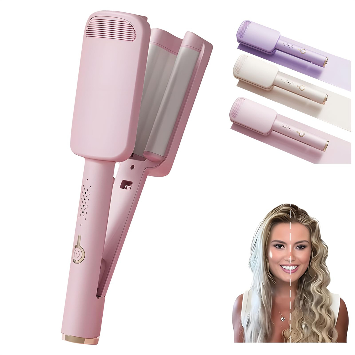 Ein pinkfarbener Haarwellengenerator mit drei kleineren im Hintergrund und das Gesicht einer Frau mit gewelltem Haar rechts.