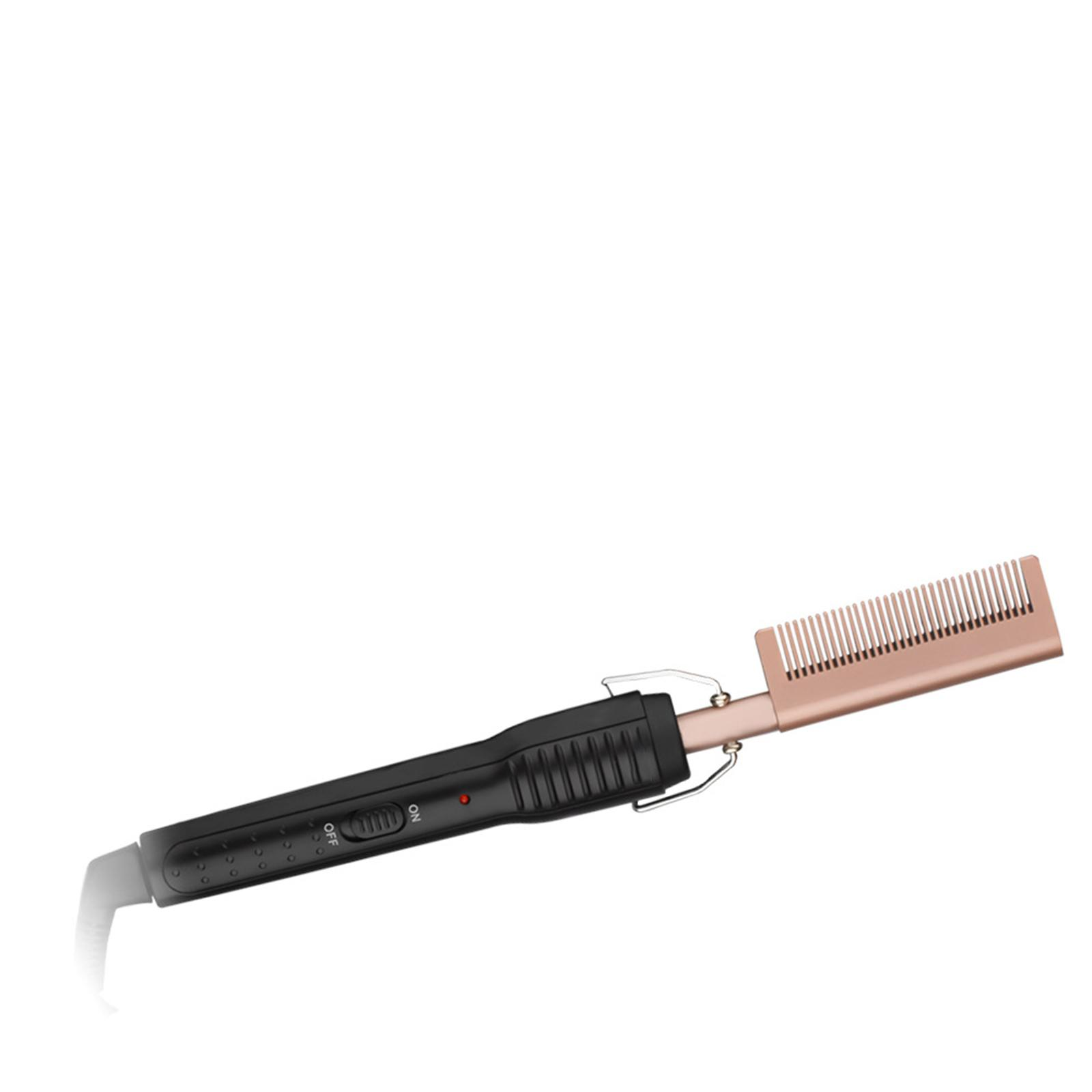 Haarglätter, Kamm befestigt. Schwarzer Griff, roségoldener Kamm.