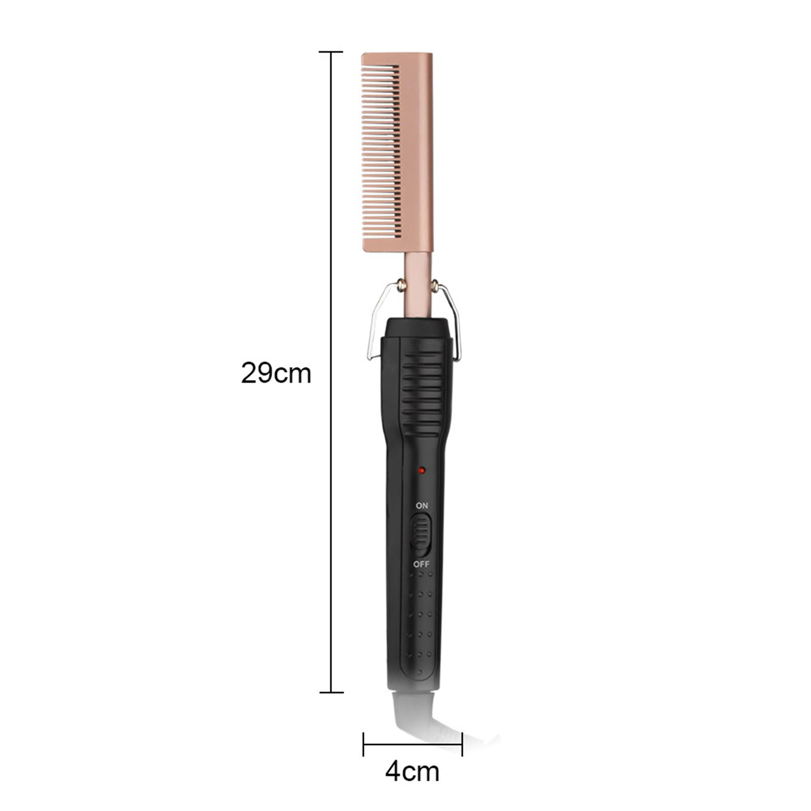 Ein Haarglättungskamm mit Kammkopf und schwarzem Griff. Die Abmessungen sind angegeben. Der Kamm liegt auf Weiß.