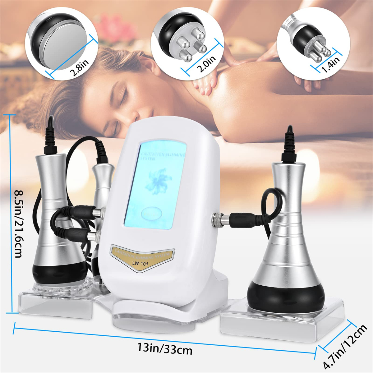 Maschine mit verschiedenen Massageköpfen. Im Hintergrund bekommt eine Frau eine Rückenmassage. Abmessungen werden gezeigt.