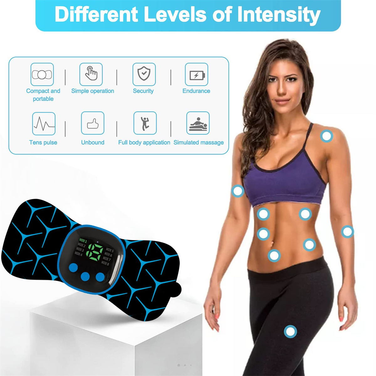 Frau mit Massagegerät. Das Bild zeigt verschiedene Intensitätsstufen und Icons der Vorteile.