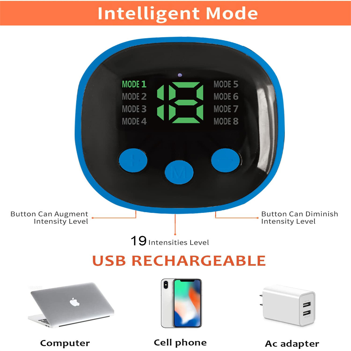Bild eines Intelligent Mode Geräts. Es hat einen Bildschirm, der den Modus anzeigt, und USB-Ladeoptionen darunter.