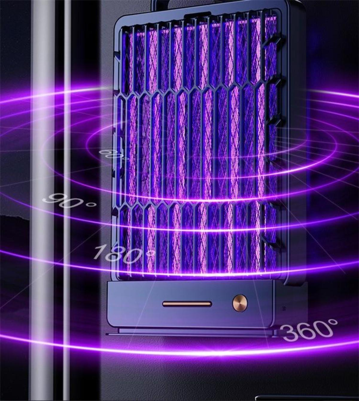 Ein Gerät, das violettes Licht ausstrahlt. Violettes Licht bildet konzentrische Kreise um das Gerät. Dunkler Hintergrund.