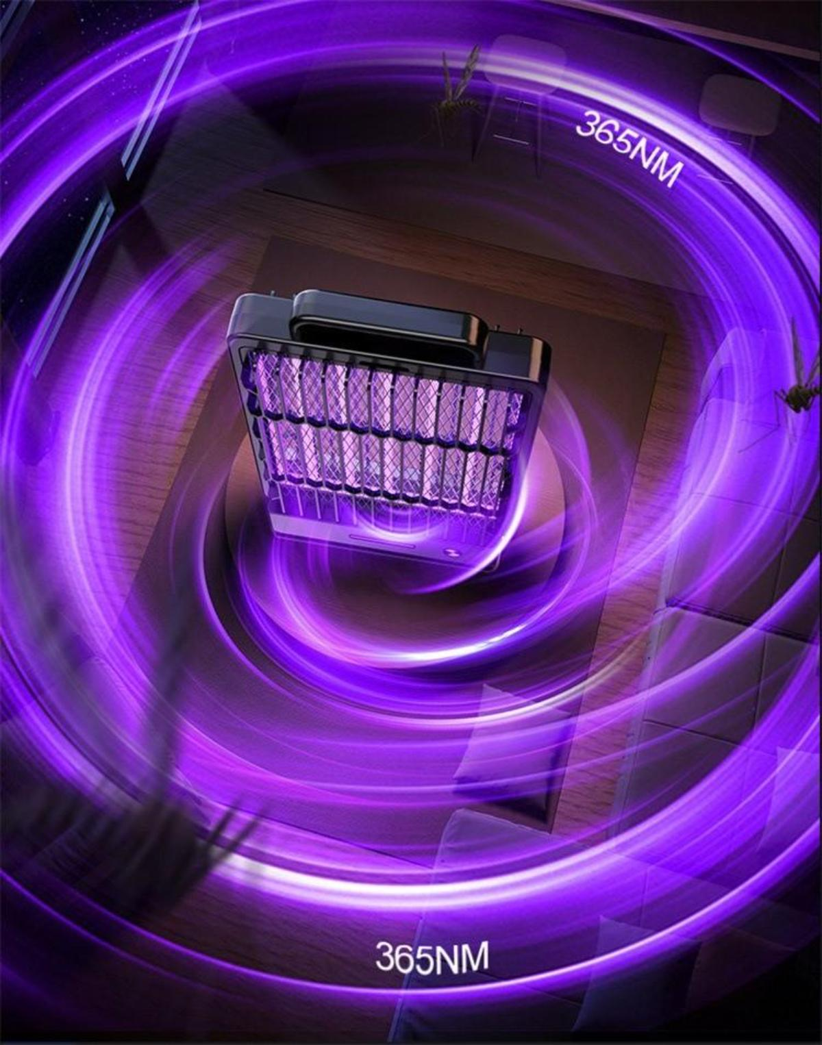 Ein Gerät, das violettes Licht in einem dunklen Raum ausstrahlt. Das Licht bildet konzentrische Kreise. 365nm Text ist sichtbar.