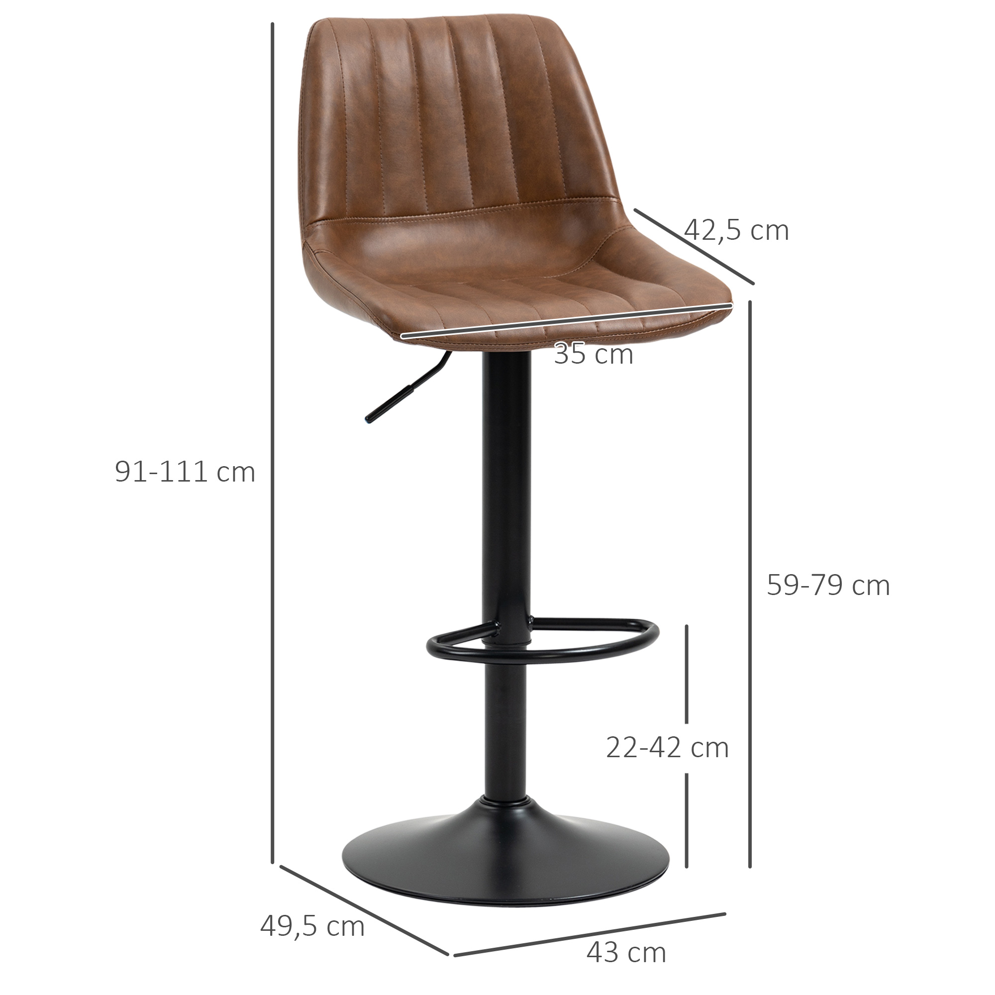 Ein brauner Leder-Barhocker mit schwarzem Rahmen. Die Abmessungen sind in cm angegeben. Weißer Hintergrund.