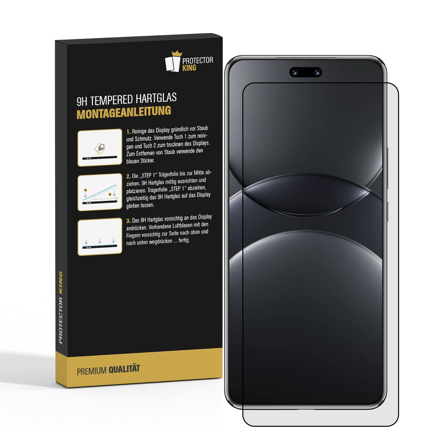Ein Telefon mit Displayschutzfolienverpackung. Die Verpackung zeigt Anweisungen. Das Telefon ist schwarz.