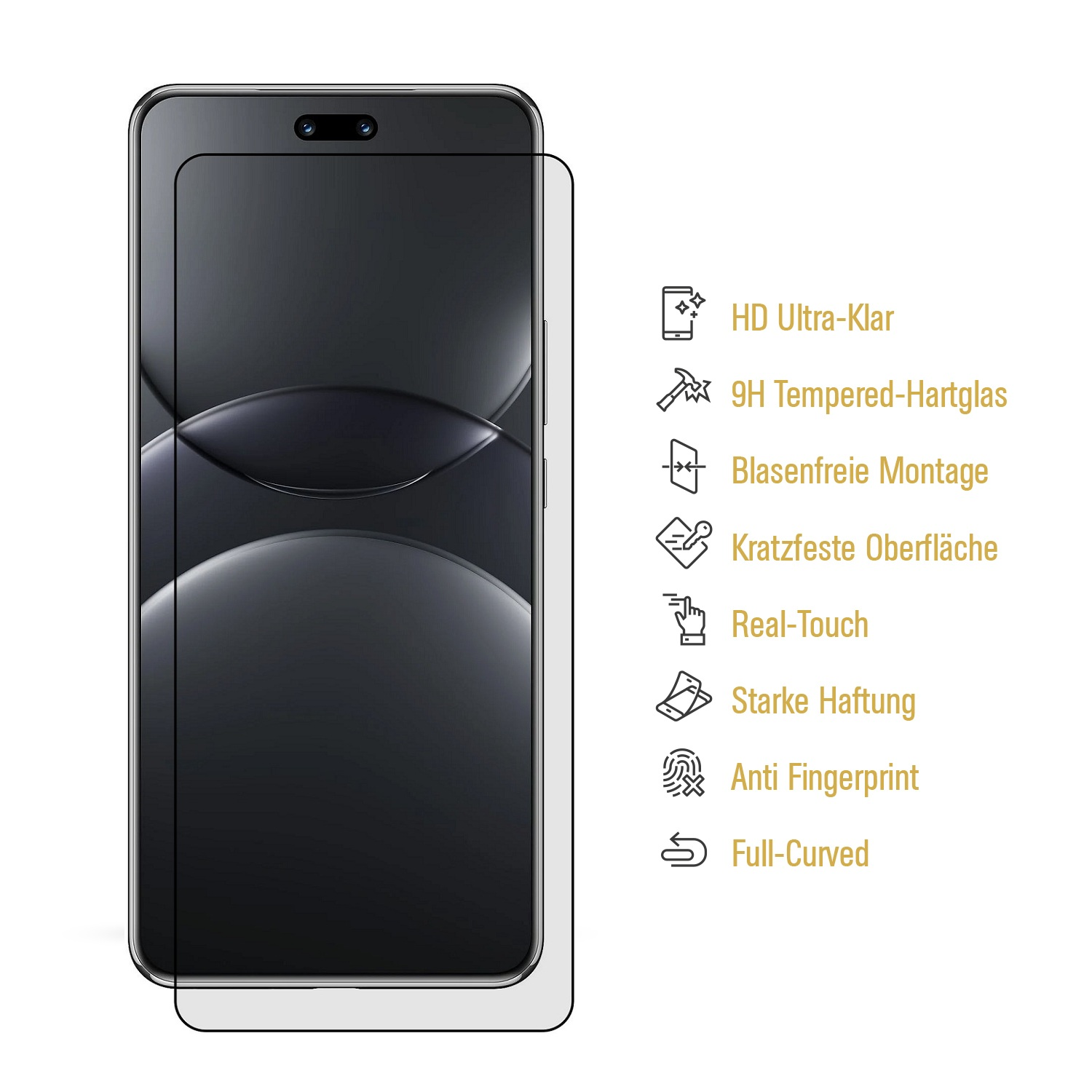 Ein Telefon mit Displayschutz. Das Telefon ist schwarz. Funktionen sind rechts aufgelistet. HD Ultra Klar usw.
