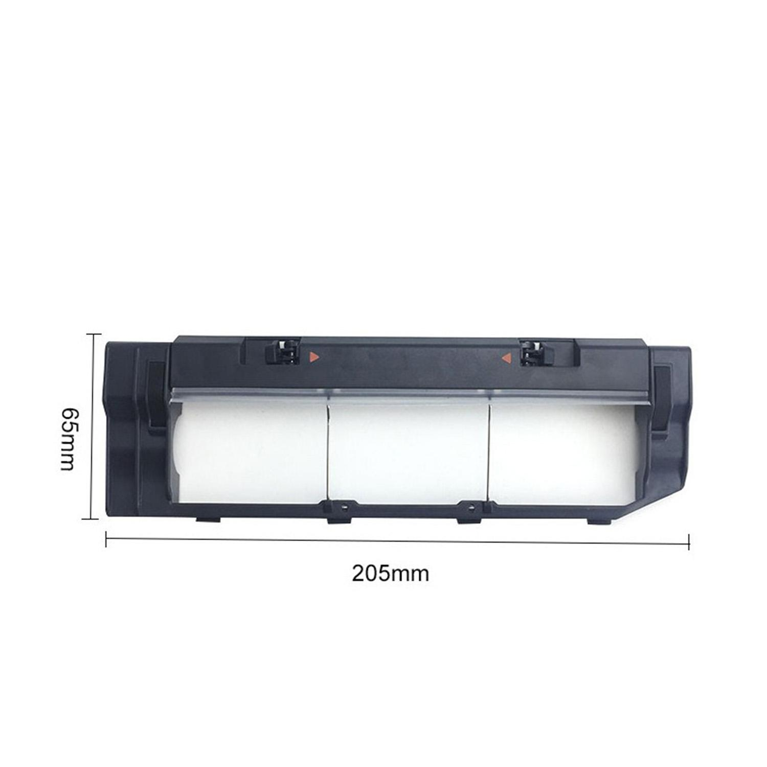 Schwarzes Kunststoffteil mit drei weißen Rollen. Die Abmessungen betragen 65 mm und 205 mm.