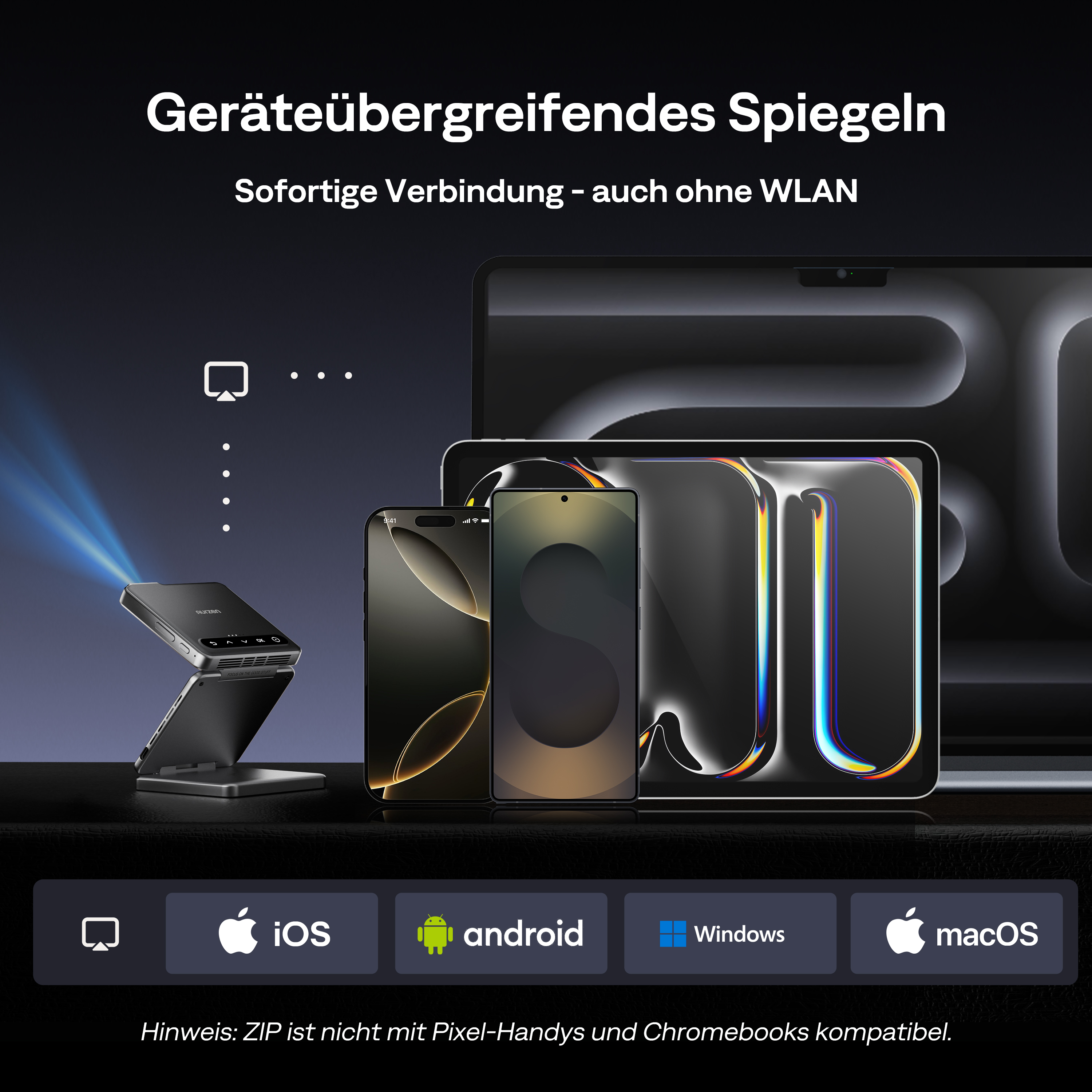 Mehrere Mobilgeräte vor einem Projektor. Symbole für iOS, Android, Windows und macOS werden angezeigt.