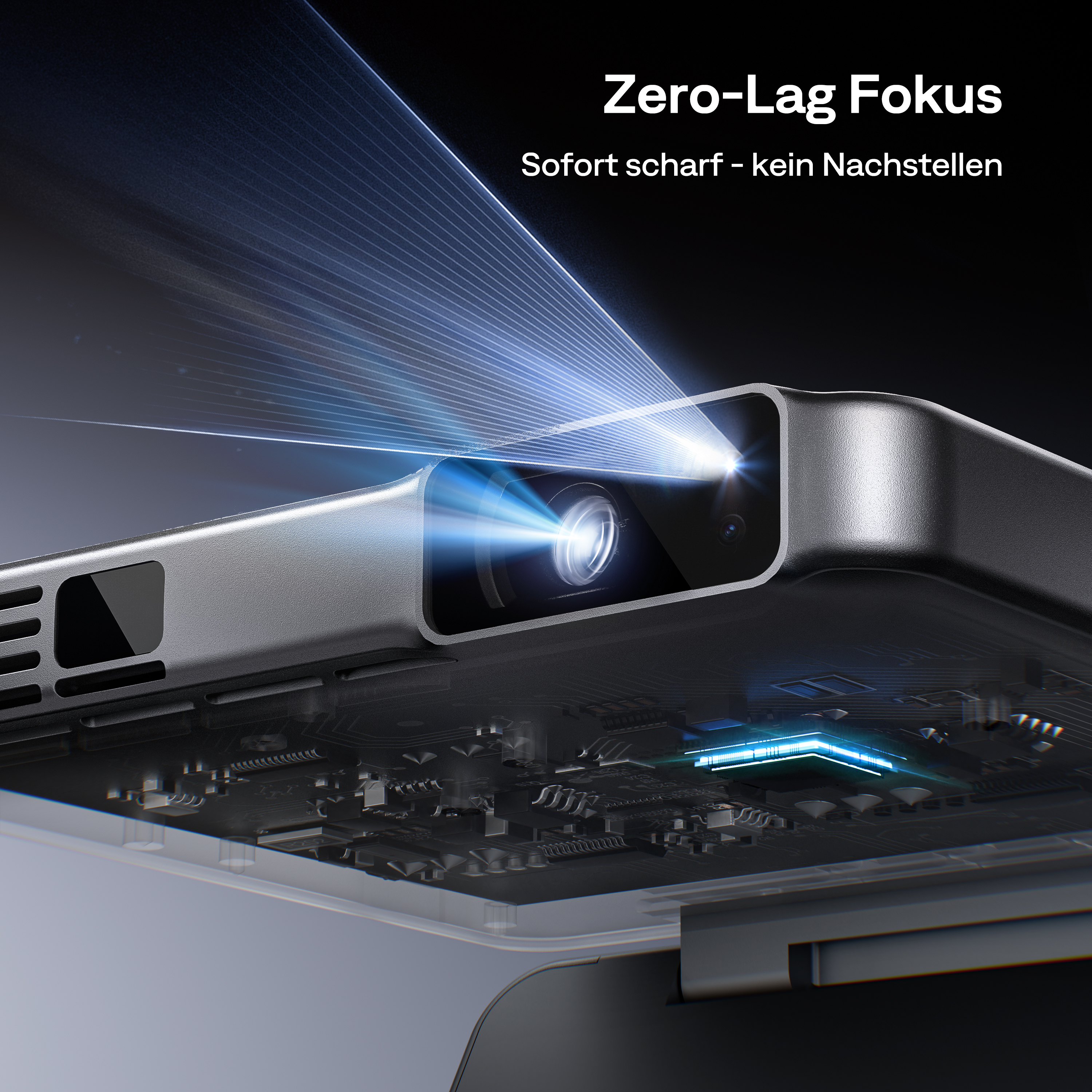 Nahaufnahme eines Projektors, der das Innere zeigt, mit einem Lichtstrahl, der austritt.