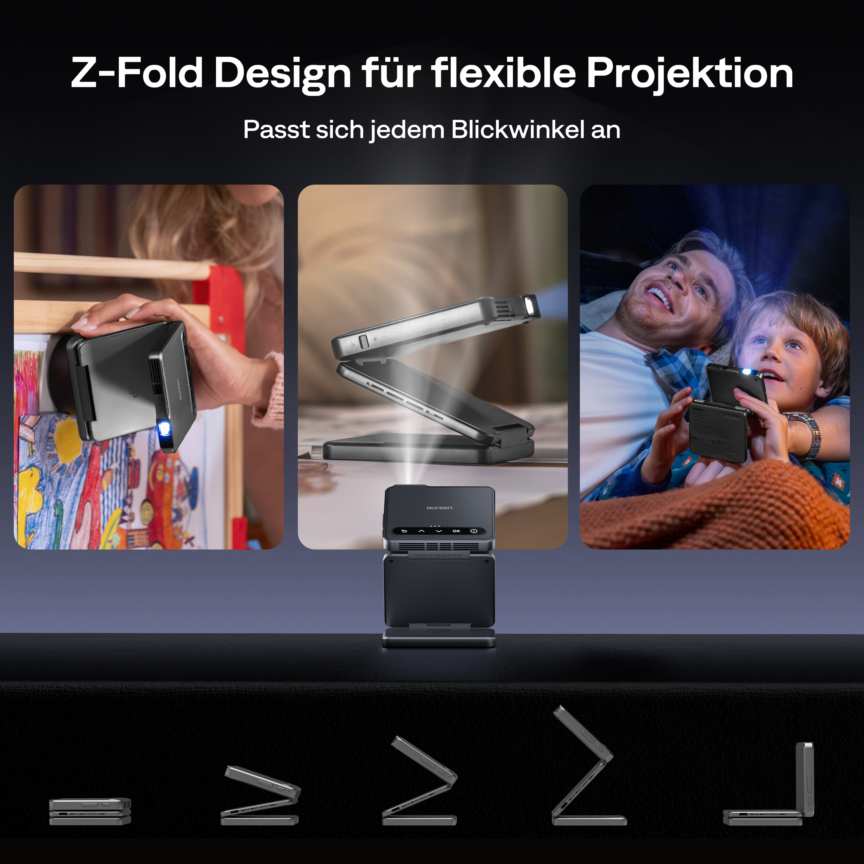 Ein schwarzer Projektor wird in verschiedenen Positionen gezeigt. Der Text lautet Z-Fold Design für flexible Projektion.