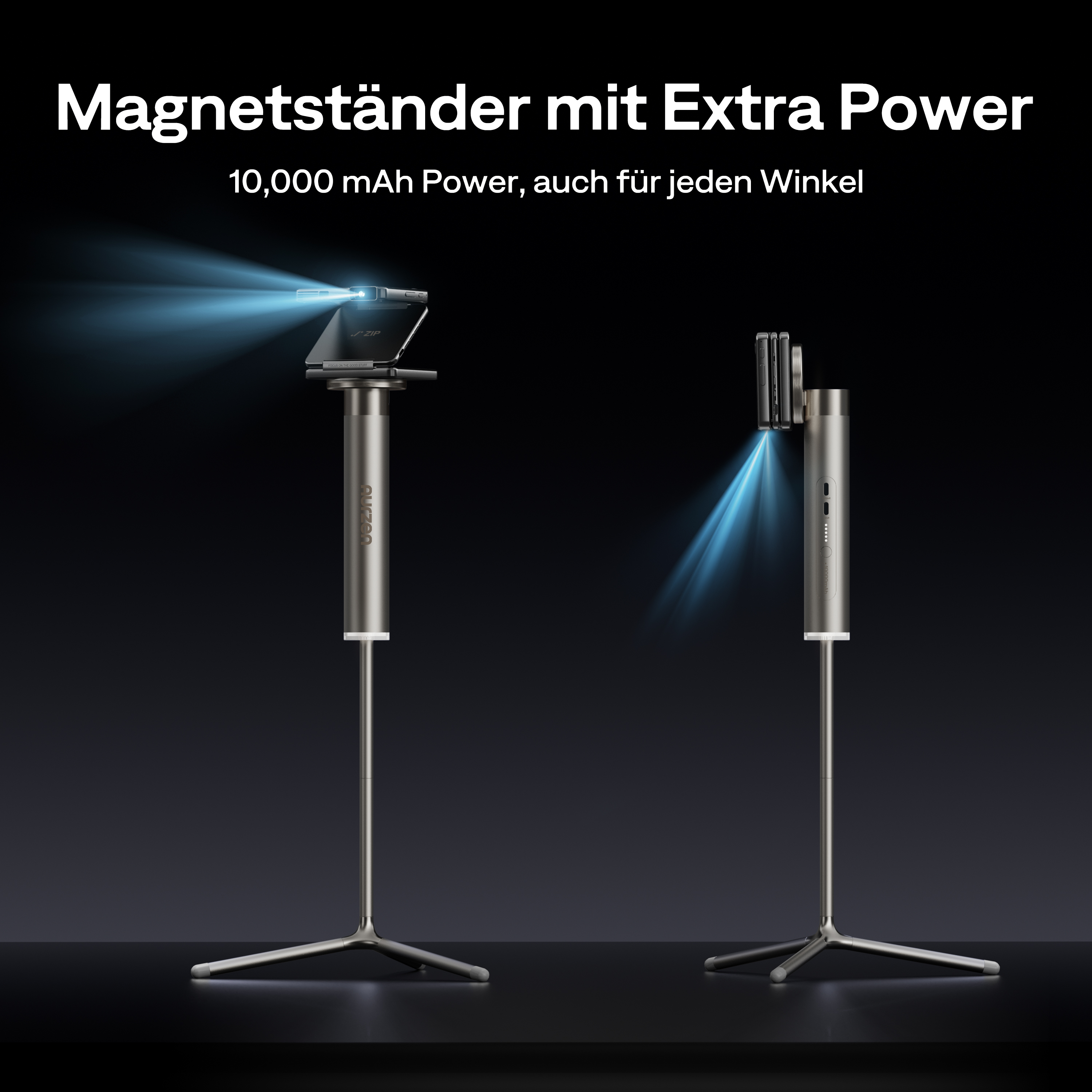 Zwei silberne Ständer, die Geräte halten. Der Text lautet Magnetständer mit Extra Power und 10.000 mAh Leistung.