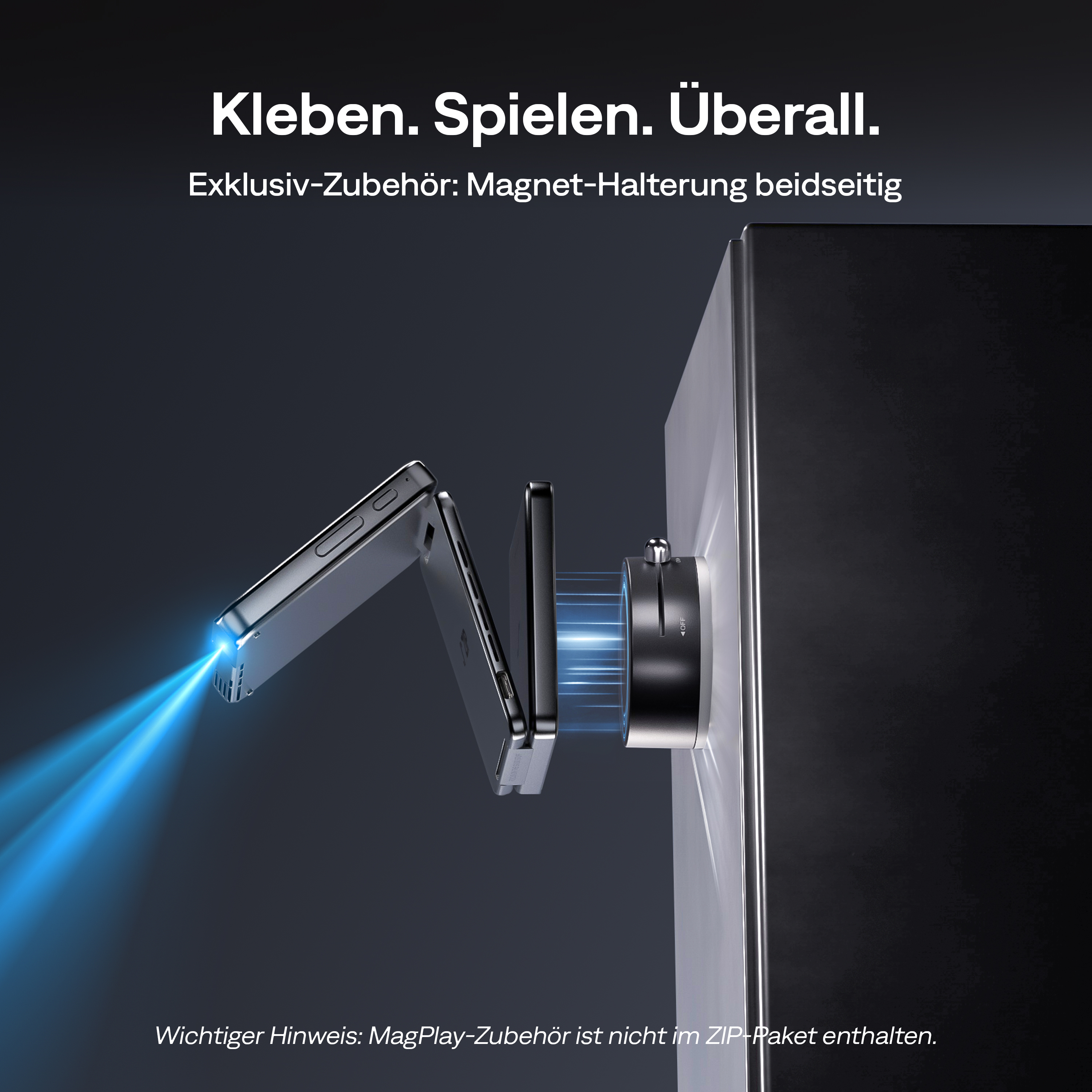 Ein Telefon, das mit einem magnetischen Halter an einer schwarzen Oberfläche befestigt ist.