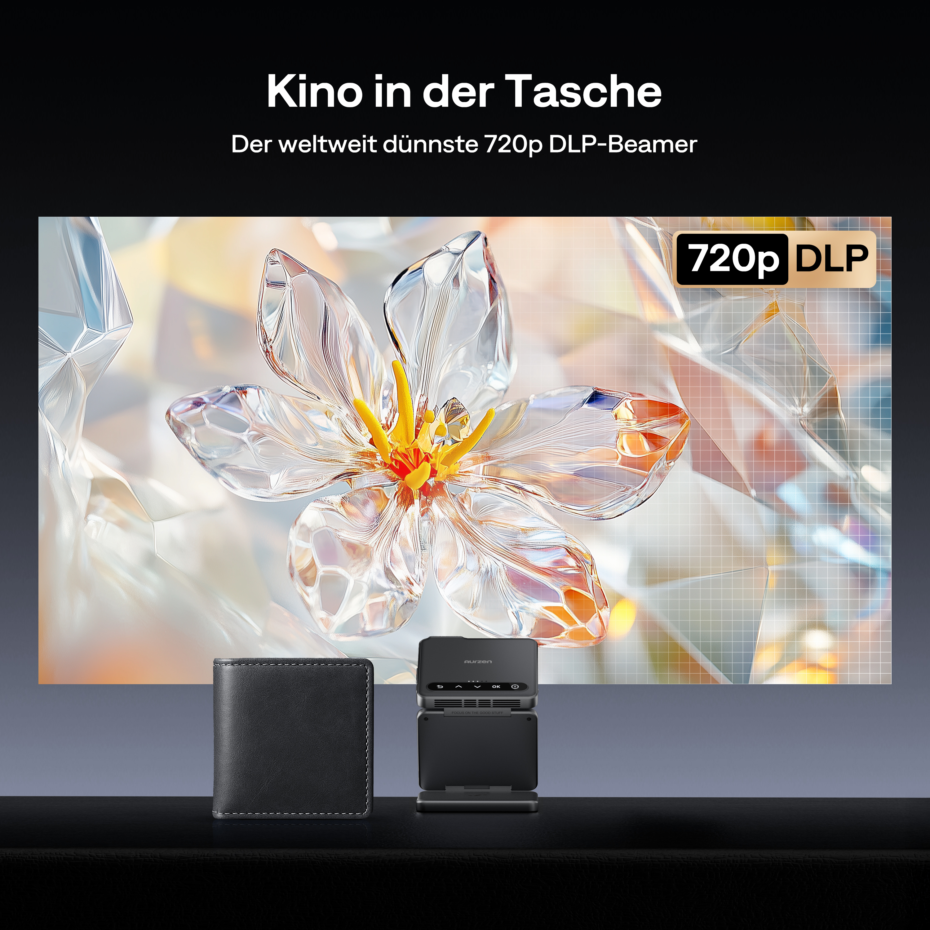 Ein kleiner Projektor zeigt ein Blumenbild. Der Text lautet Kino in der Tasche und 720p DLP.