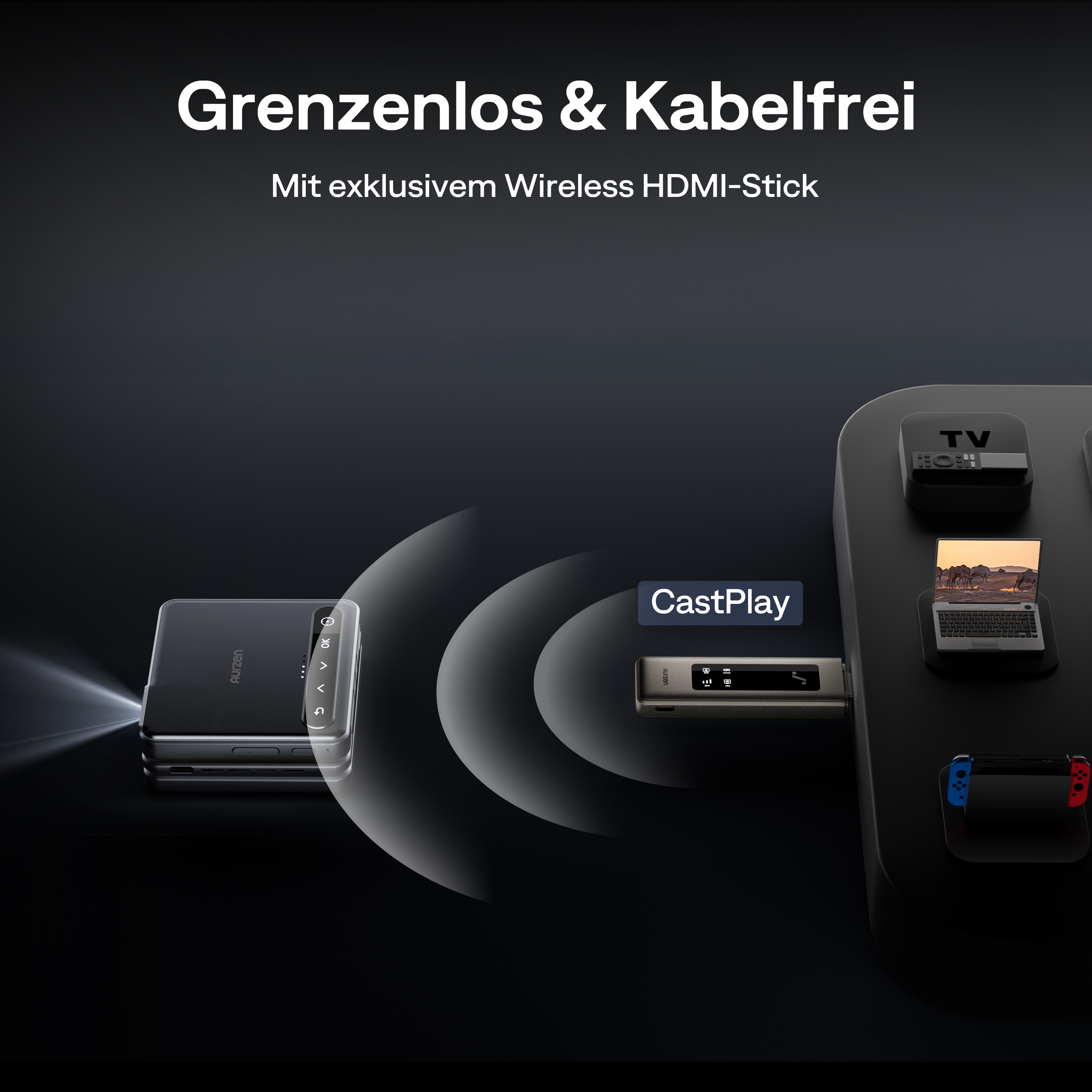 Ein Projektor und ein Castplay-Gerät auf einer schwarzen Oberfläche, mit einem Fernseher und Telefon.