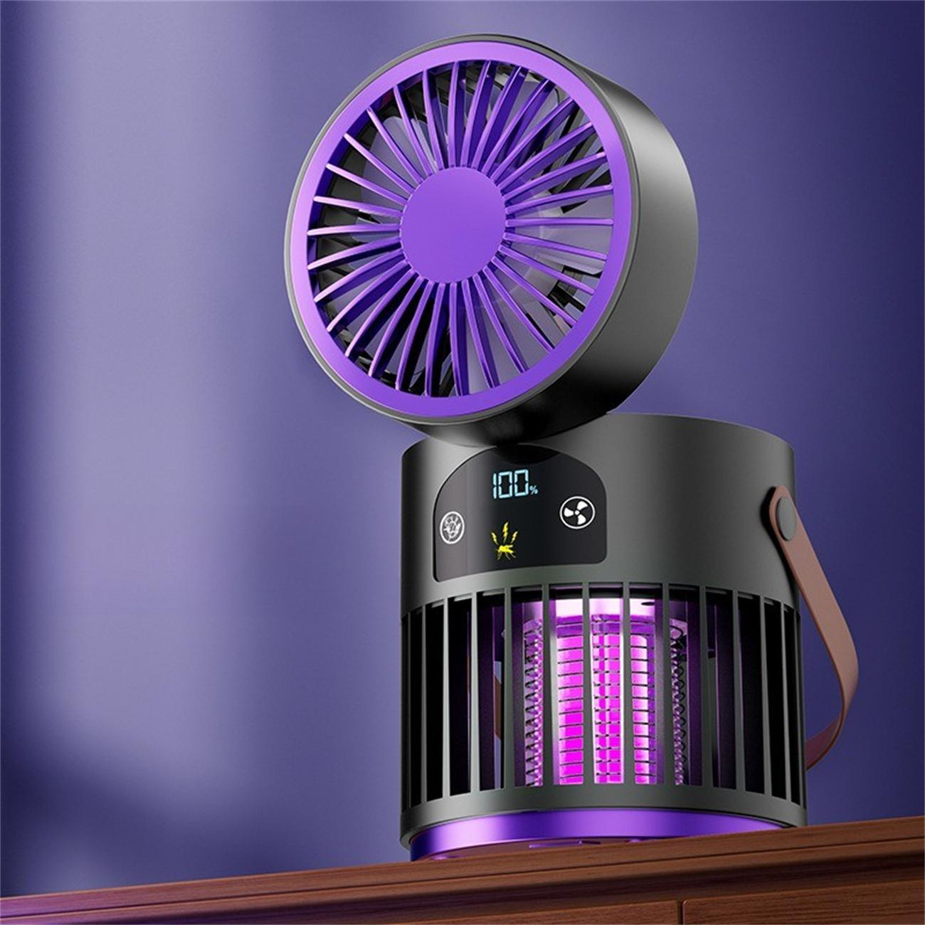 Ein schwarzer und lila Insektenvernichter mit einem Ventilator oben, auf einer Holzoberfläche.