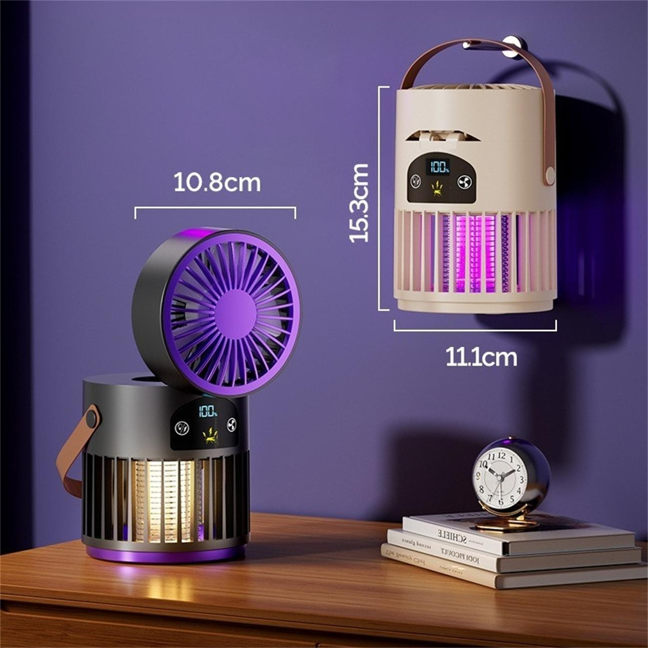Ein Insektenvernichter mit Ventilator, Uhr und Abmessungen auf lila Hintergrund.