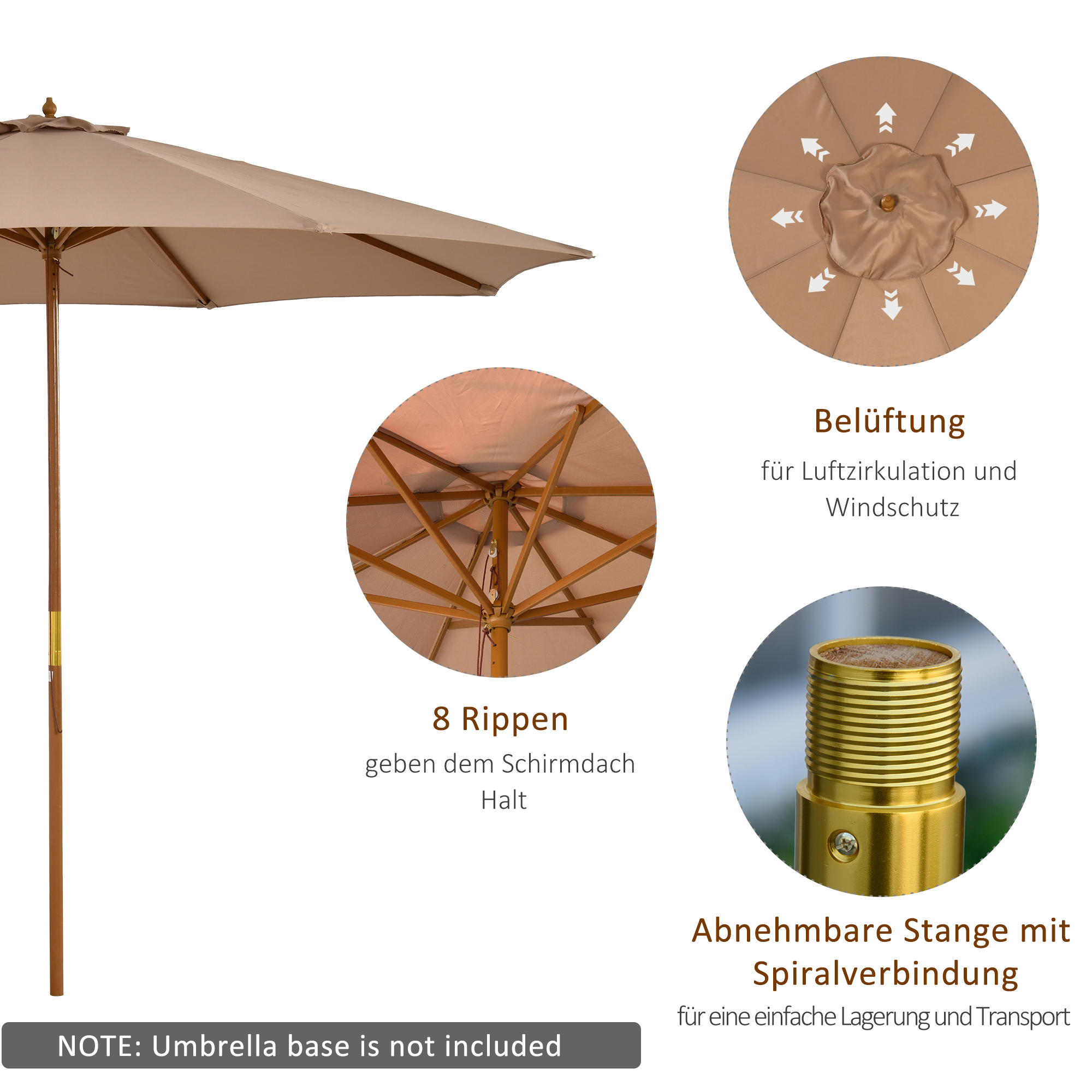 Ein offener beigefarbener Regenschirm mit Details der Rippen, Belüftung und einer abnehmbaren Stange.