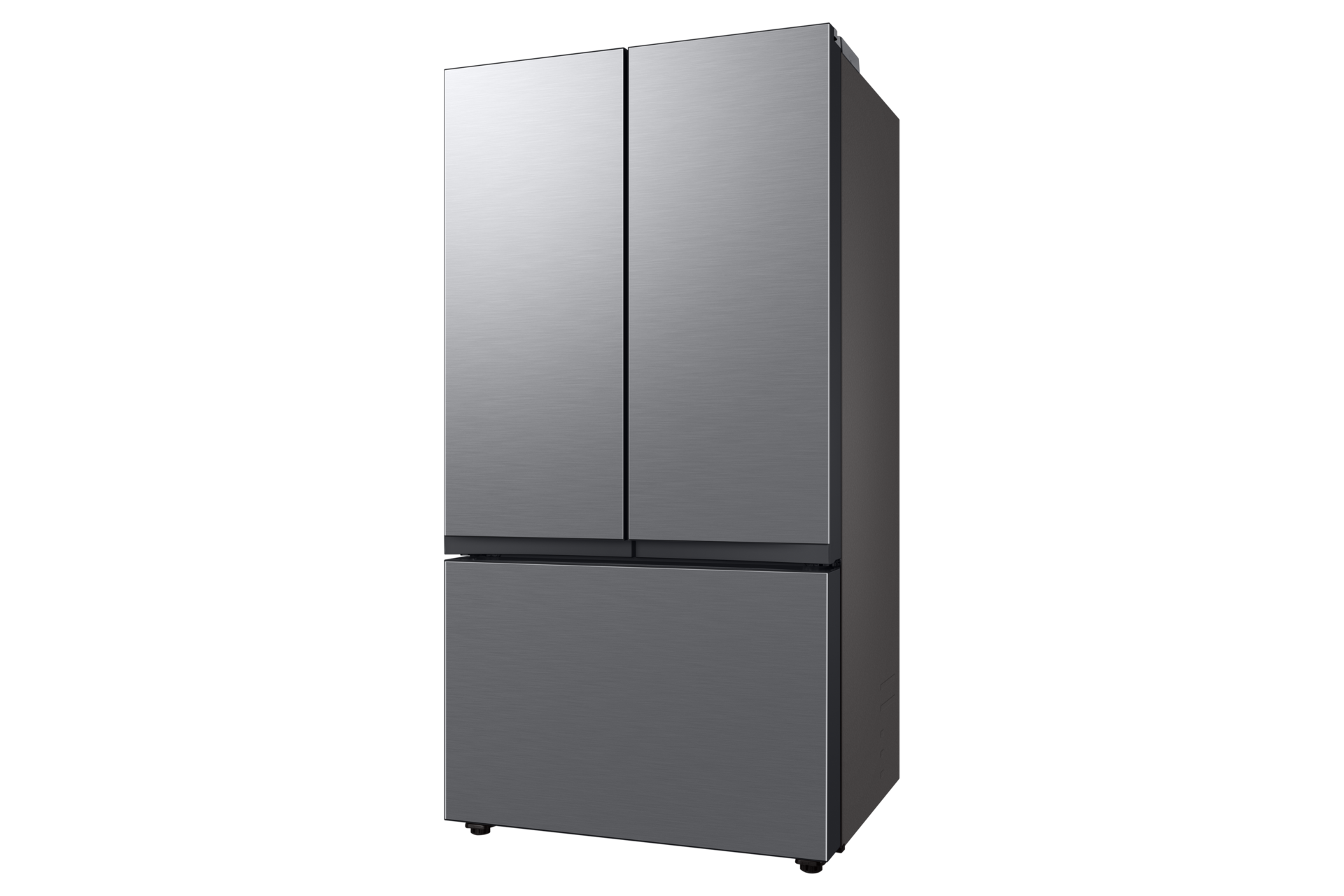 A silver-colored refrigerator with three doors. It stands against a black background, well-lit.