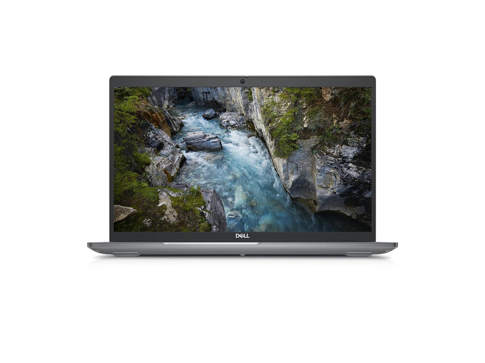Ein Laptop zeigt einen Fluss, der durch einen Canyon fließt. Dell-Logo unten.
