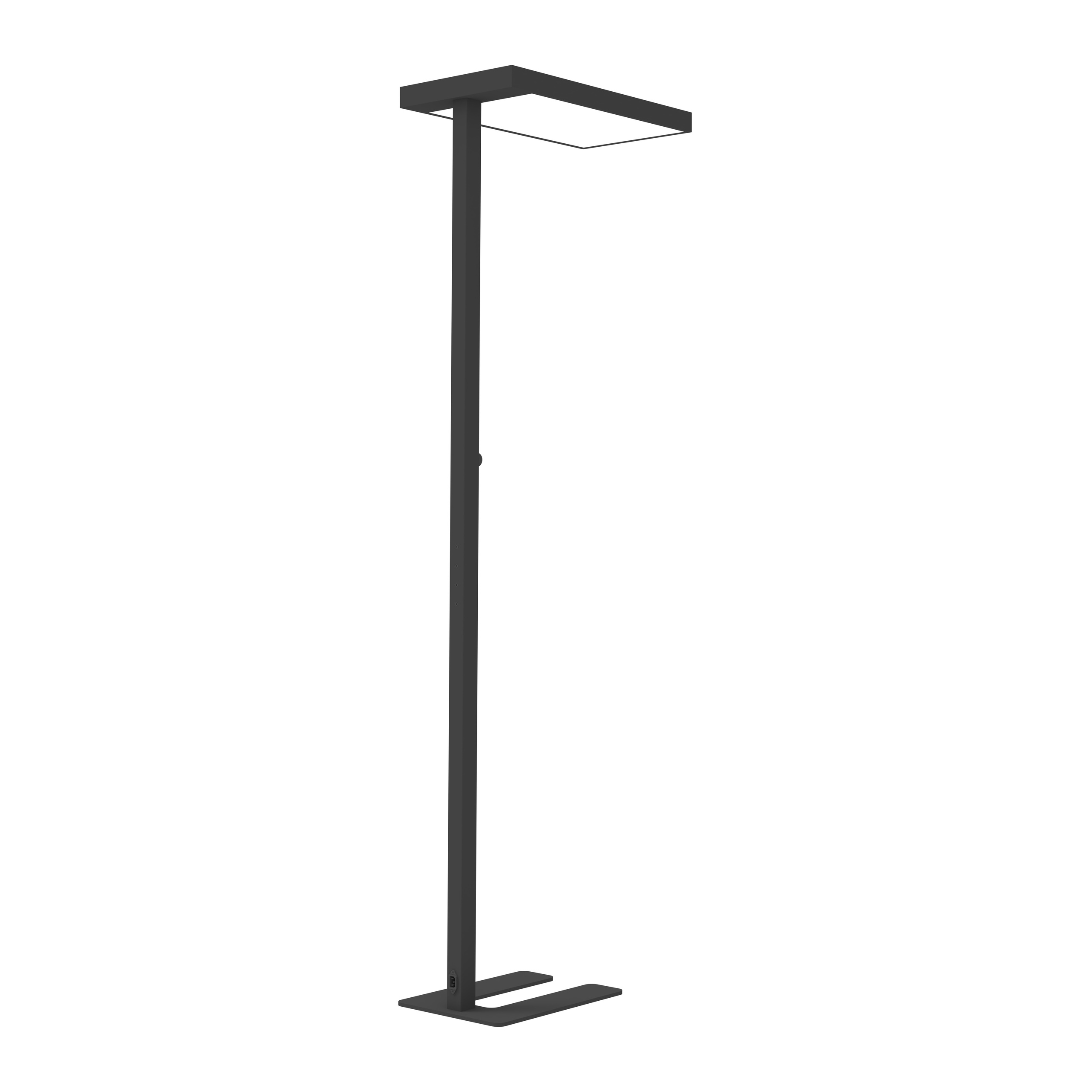 Eine schwarze Stehlampe im modernen Stil mit einem rechteckigen Licht oben.